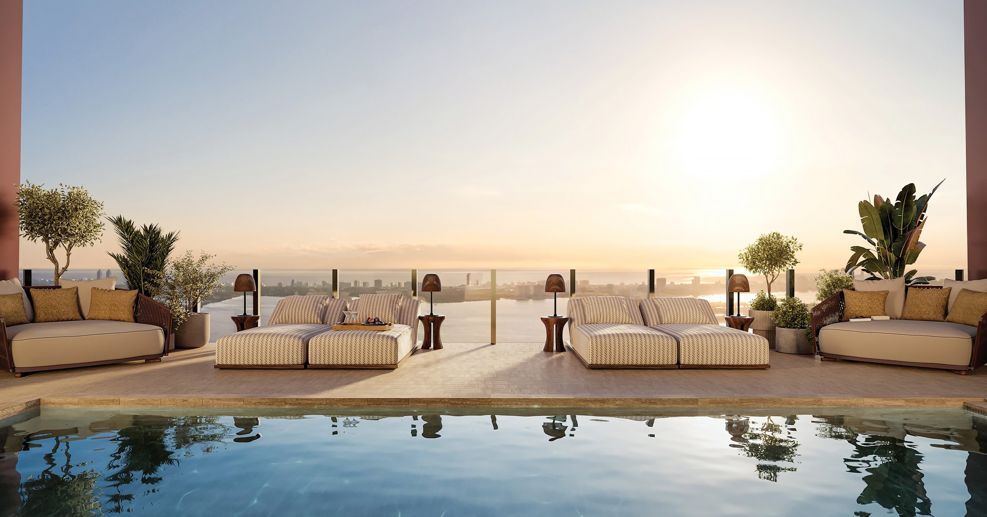 Reserved to Villa Triplo is an entire upper program devoted to leisure and recovery: a bay-facing pool terrace, indoor lounge and bar, billiards room, guest suite, private gym, sauna, steam room, and treatment room. Beyond the residence, Copper Club extends access to Major Food Group private clubs, private dining rooms, beach club privileges, and rooftop helipad access subject to approvals. A Major Domo coordinates staffing, pantry provisioning, and private entertaining with the ease of a well-run estate.