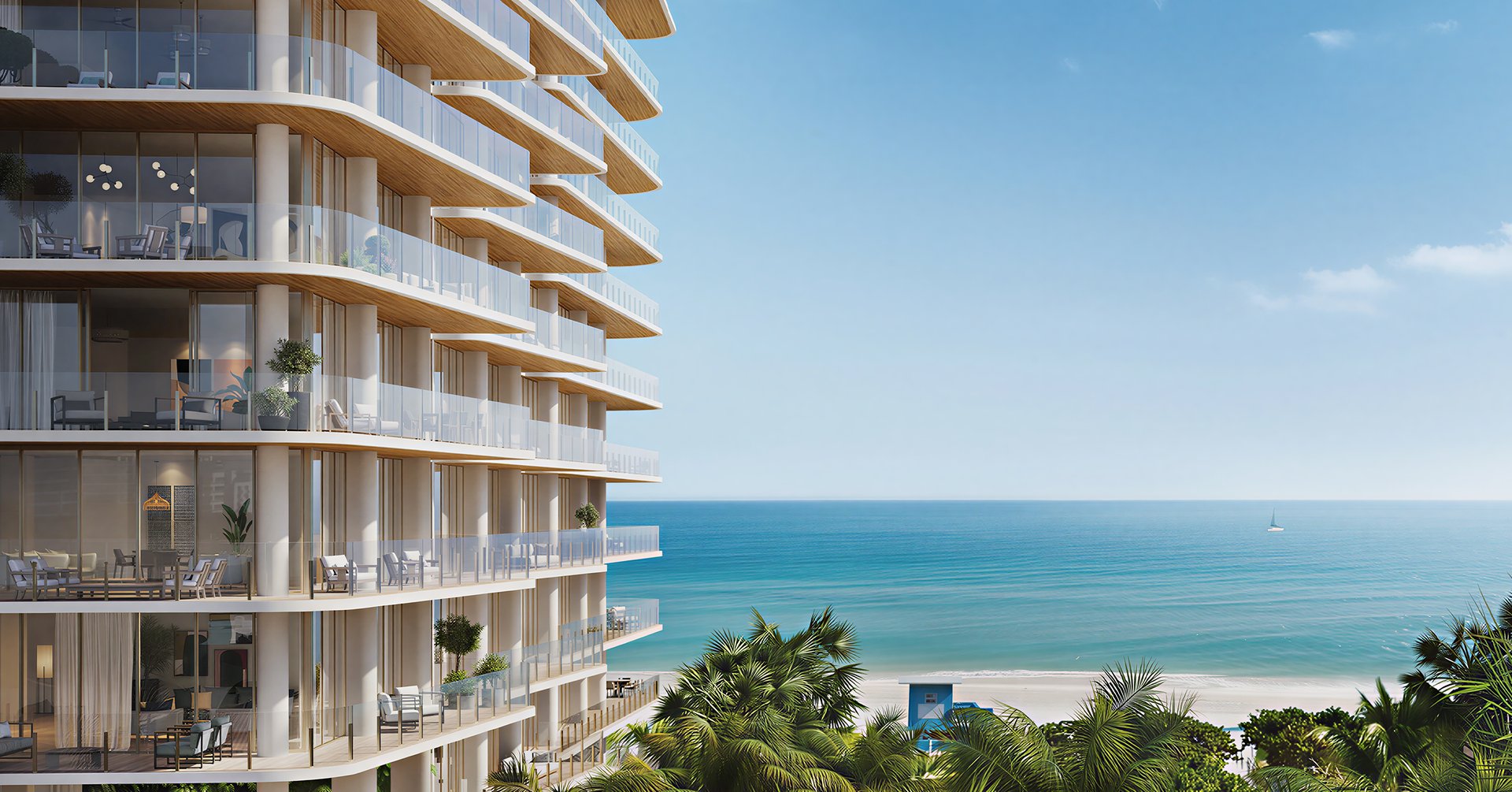 Twenty-five oceanfront residences compose Ocean House Surfside, each reached by private elevator and held to the discretion of a single-family home on the water. Ceilings are approximately 10 feet throughout and up to 12 feet in the Penthouse, where the duplex spans approximately 14,527 total square feet. European cabinetry, Gaggenau appliances, natural stone floors, automated lighting, and glass terraces establish a quiet standard of craft.