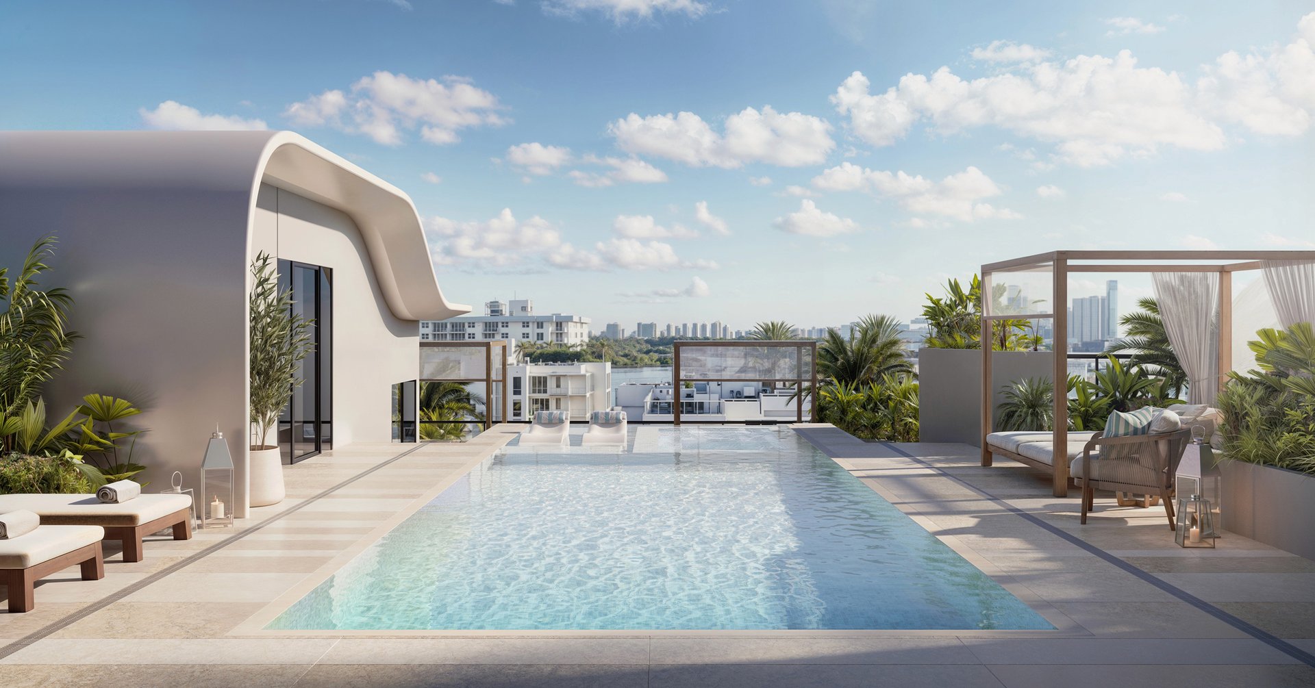 A rooftop pool with sun shelf and loungers offers a private horizon for morning swims and sunset pauses. Thoughtful landscaping and intimate seating create a boutique atmosphere, never crowded, always calm, designed for residents who value time, light, and privacy above the island.