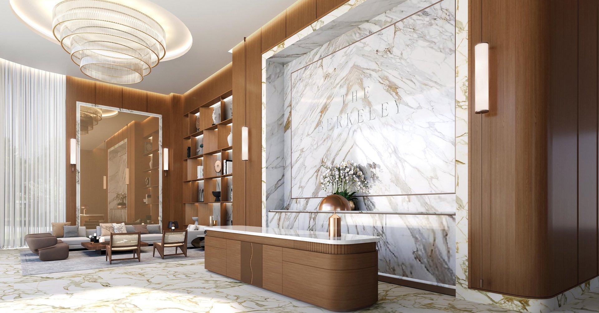 Arrival at The Berkeley feels like a boutique hotel. A double-height lobby with 24/7 concierge, valet porte-cochère, library lounge, boardroom, co-working suites, and a pet-spa with covered dog run create a refined, service-rich environment where every detail of daily life is gracefully handled.