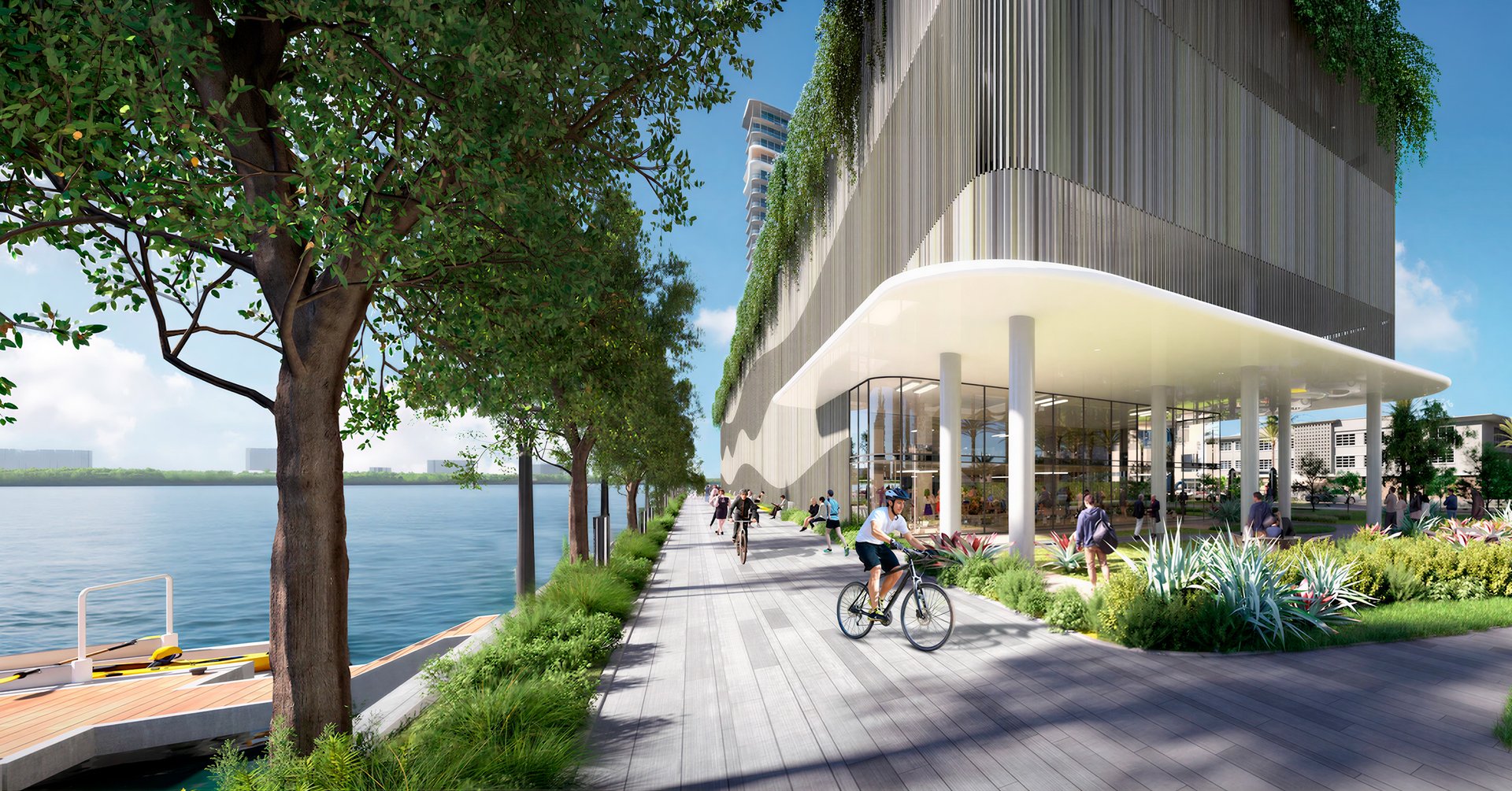 A publicly accessible 9,000 Sq. Ft. waterfront park and a new Island Walk promenade segment, approximately 1,289 linear feet, extend the bayfront experience. Landscaped edges, seating, and continuous public access are planned to elevate the shoreline into a civic destination.