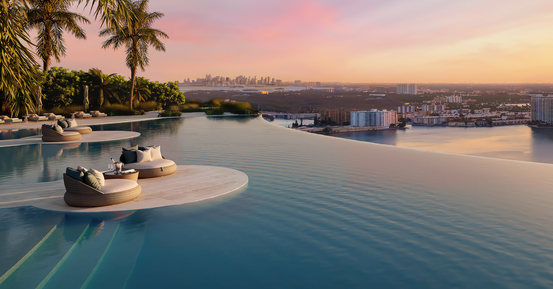 Providing a sunset pool deck with an infinity-edge pool and a sunrise pool deck on each tower with cabanas, gardens, and grilling areas.