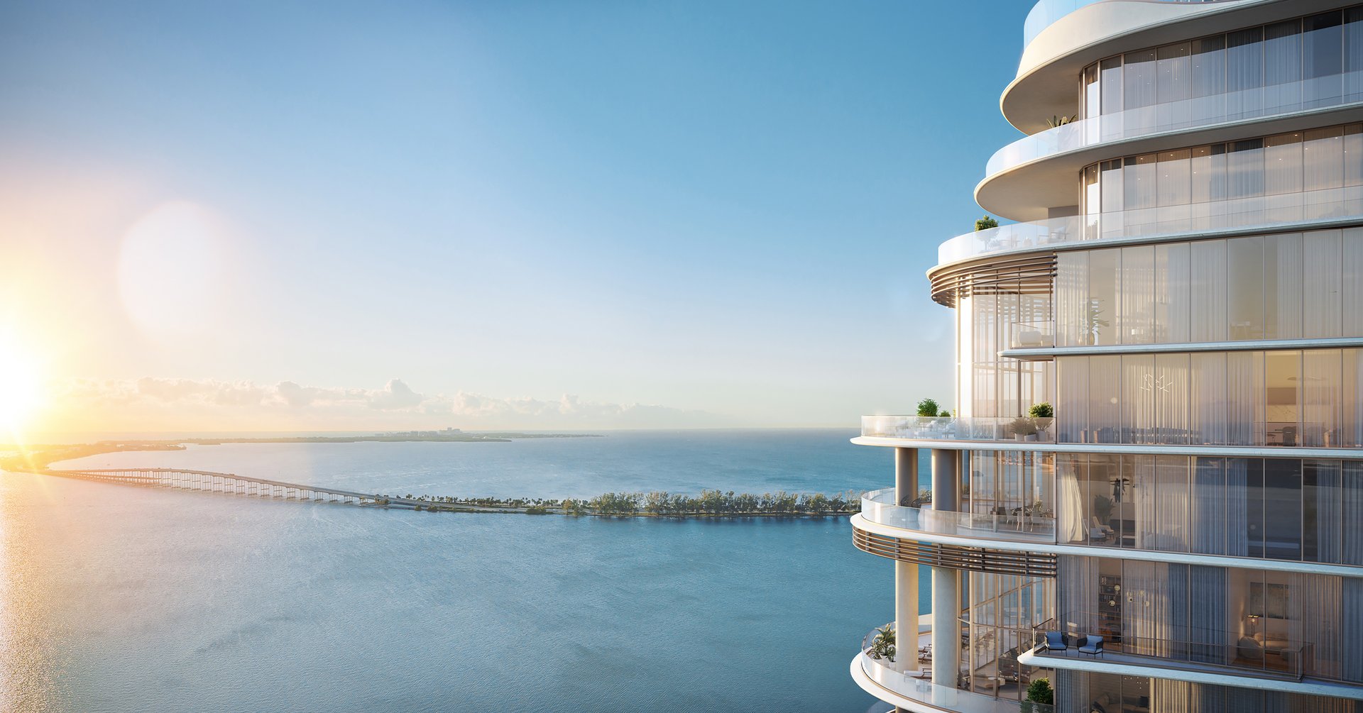 Across the 50-story bayfront tower, 152 private residences are arranged with direct elevator arrival, double-door entry, integrated home technology, and generous proportions. Kitchens pair Rockwell Group-designed Italian cabinetry with natural stone and fully integrated Sub-Zero and Wolf appliances. Upper Penthouse is one of only two summit residences, with approximately 10,000 interior square feet, five bedrooms, seven baths, two powder rooms, a windowed service suite, and an internal elevator.