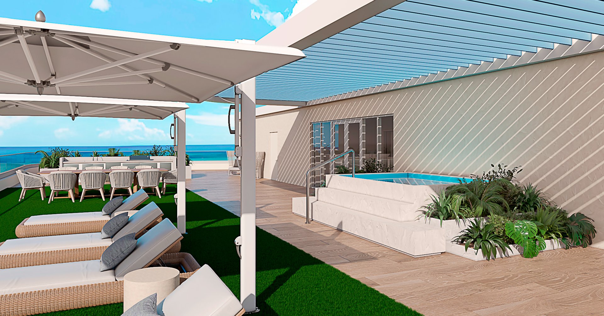 The rooftop terrace spans over 3,000 square feet, complete with outdoor kitchens, lounges, and a spa. It is a sanctuary in the sky, offering panoramic views of both sunrise and sunset for ultimate relaxation and gatherings.
