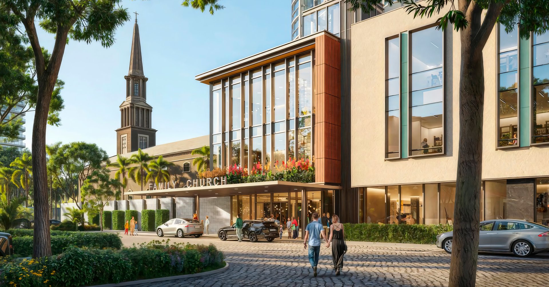 The plan organizes residences, church, and education uses into a cohesive walkable setting. Landscaped paths and promenades encourage easy movement across the site, supporting privacy and security while keeping everyday life effortlessly connected to the waterfront and the city beyond.