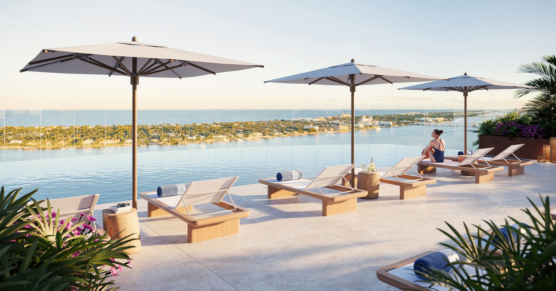 A lavish pool, sun shelf, and roof deck invite relaxation, while the adjacent terrace offers an outdoor space for sunbathing, socializing, and enjoying views.