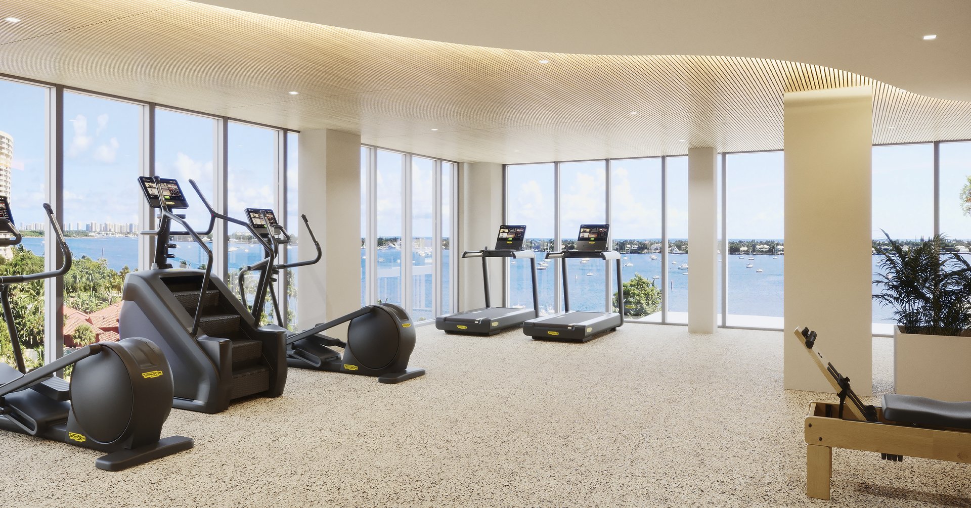 A state-of-the-art fitness center with weights, cardio, resistance training, yoga, and pilates room. Also including a luxury spa with his and hers sauna, steam room, cold shower experience, treatment room, and lockers.