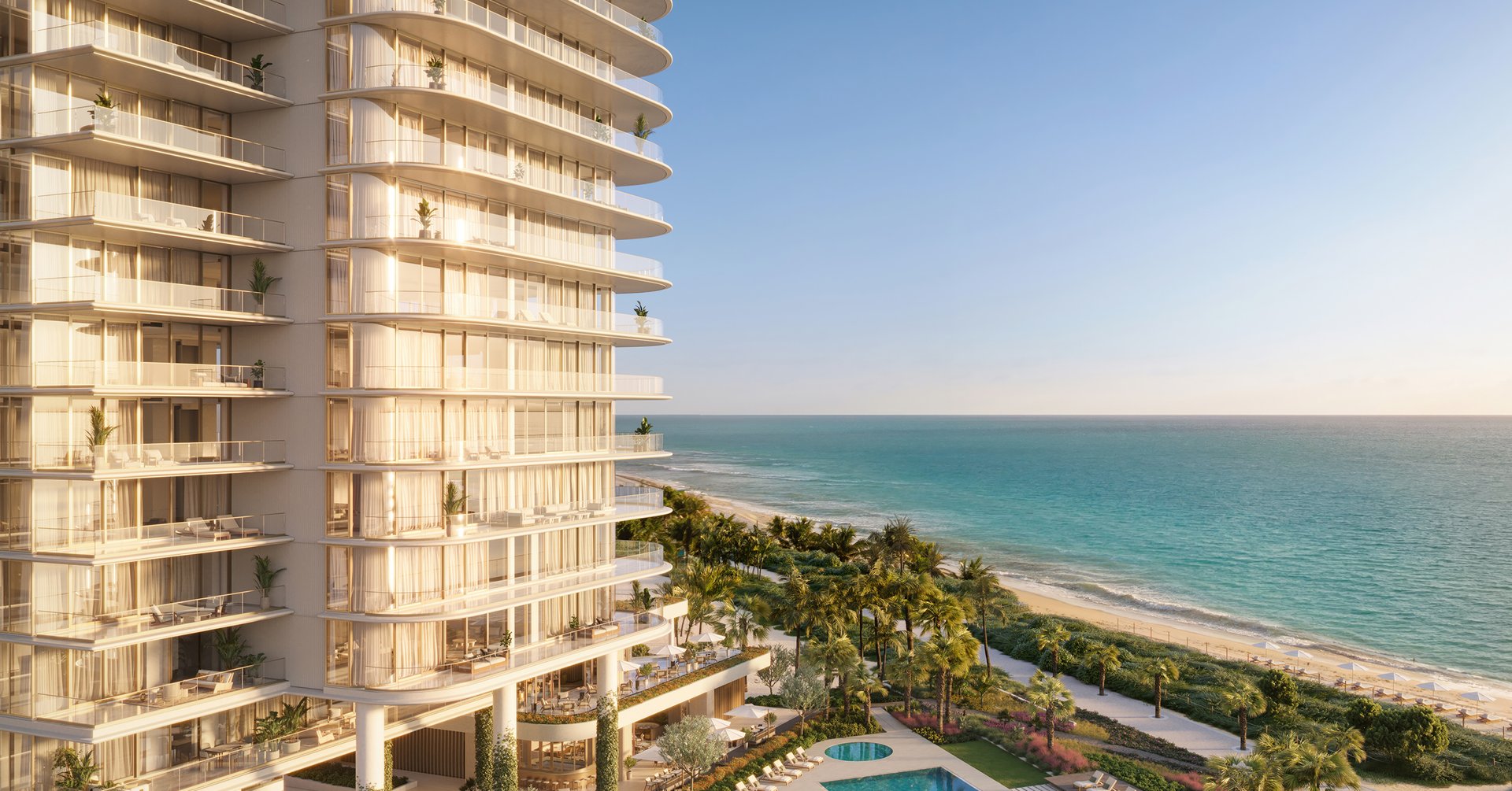 The Perigon is limited to 73 private residences and eight guest suites, each oriented to the Atlantic and served by direct private elevator arrival. Ten-foot ceilings, floor-to-ceiling glazing, 10-to-12-foot-deep terraces, custom Italian kitchens, Sub-Zero and Wolf appliances, natural-stone primary baths, and walk-in wardrobes establish a disciplined baseline of scale. The Upper Penthouse extends that language with four principal bedroom suites, staff quarters, a chef’s kitchen, service circulation, and spaces for formal reception, media, games, and late-evening entertaining.