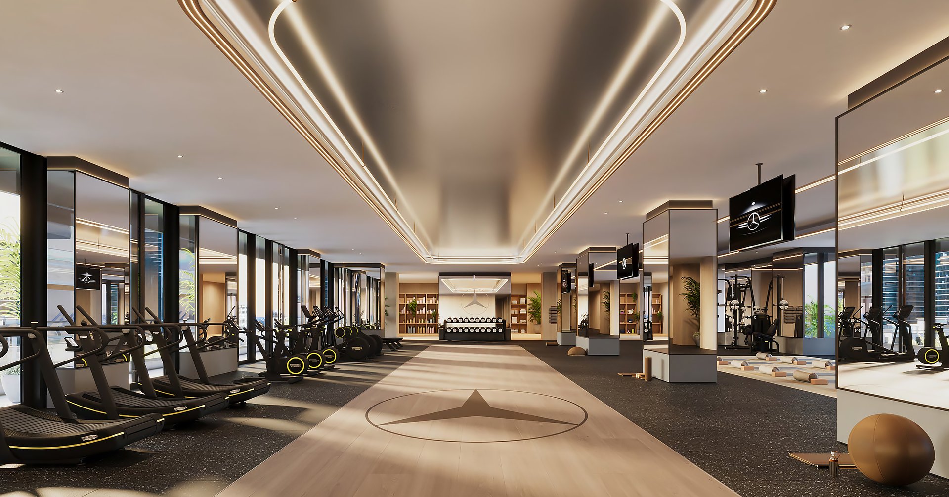 The state-of-the-art fitness center at Mercedes-Benz Places supports active and healthy lifestyles with advanced equipment and personalized training programs. The center accommodates various fitness levels, inspiring residents in a modern environment.