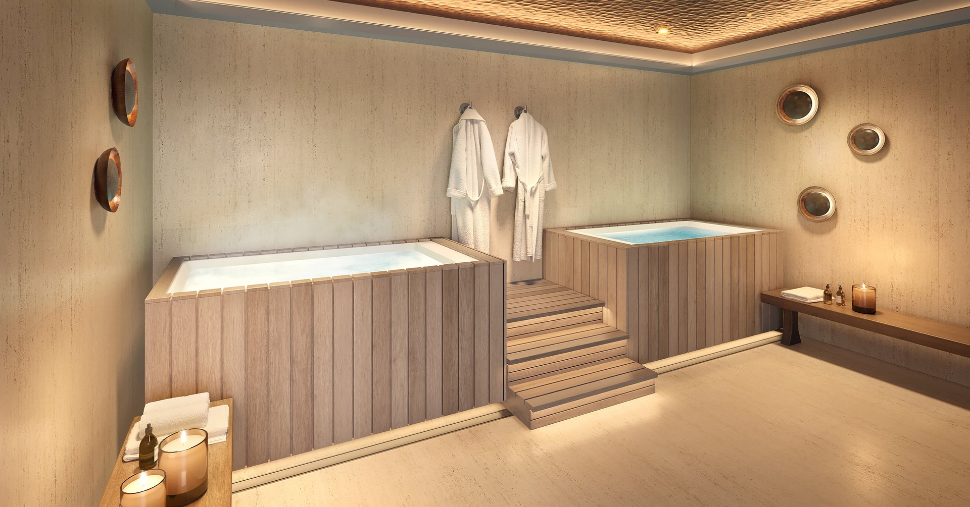 A tranquil sanctuary featuring a sauna, steam room, and hot and cold plunge tubs, promoting holistic well-being and a balanced lifestyle.