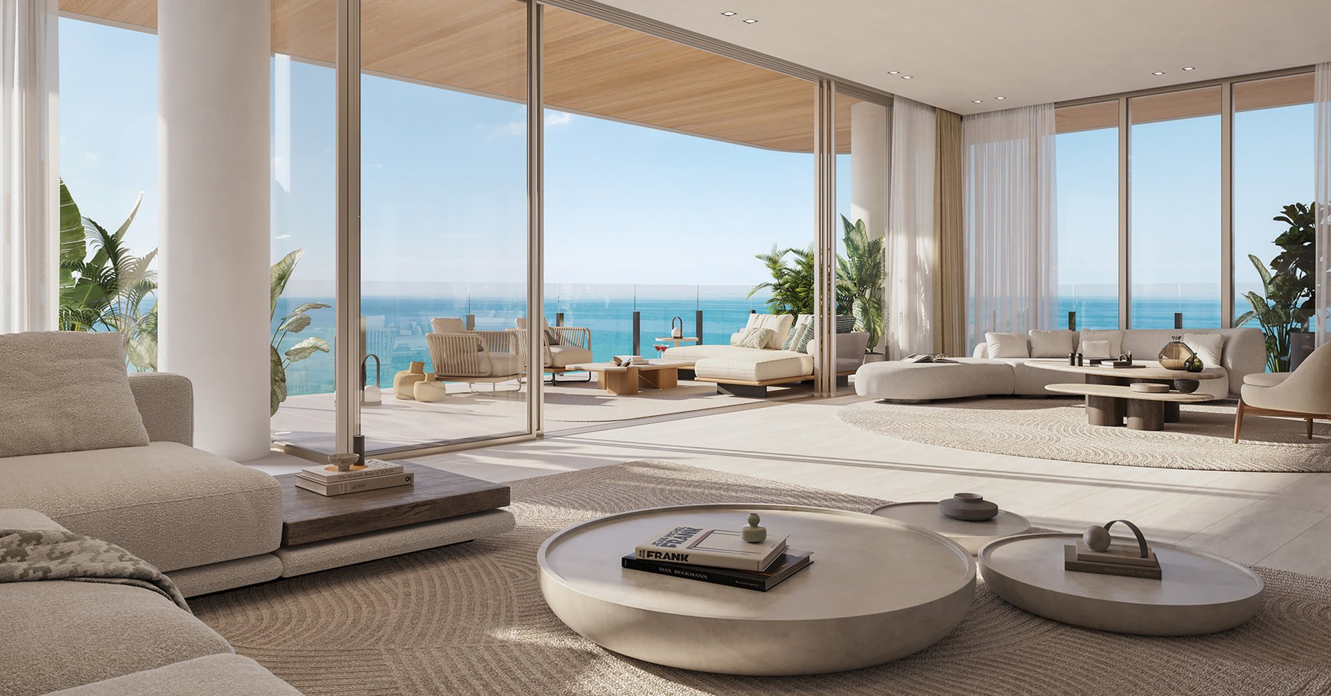 At the pinnacle of Ocean House Surfside, the duplex Penthouse joins Arquitectonica's curvilinear oceanfront architecture with Carla Guilhem interiors in a full top-floor residence crowned by a private oceanfront rooftop. Transparent facades and wraparound floating balconies frame Atlantic, shoreline, and Miami skyline views. It is conceived as a private coastal sanctuary, held in measured balance above sea, sky, and city.