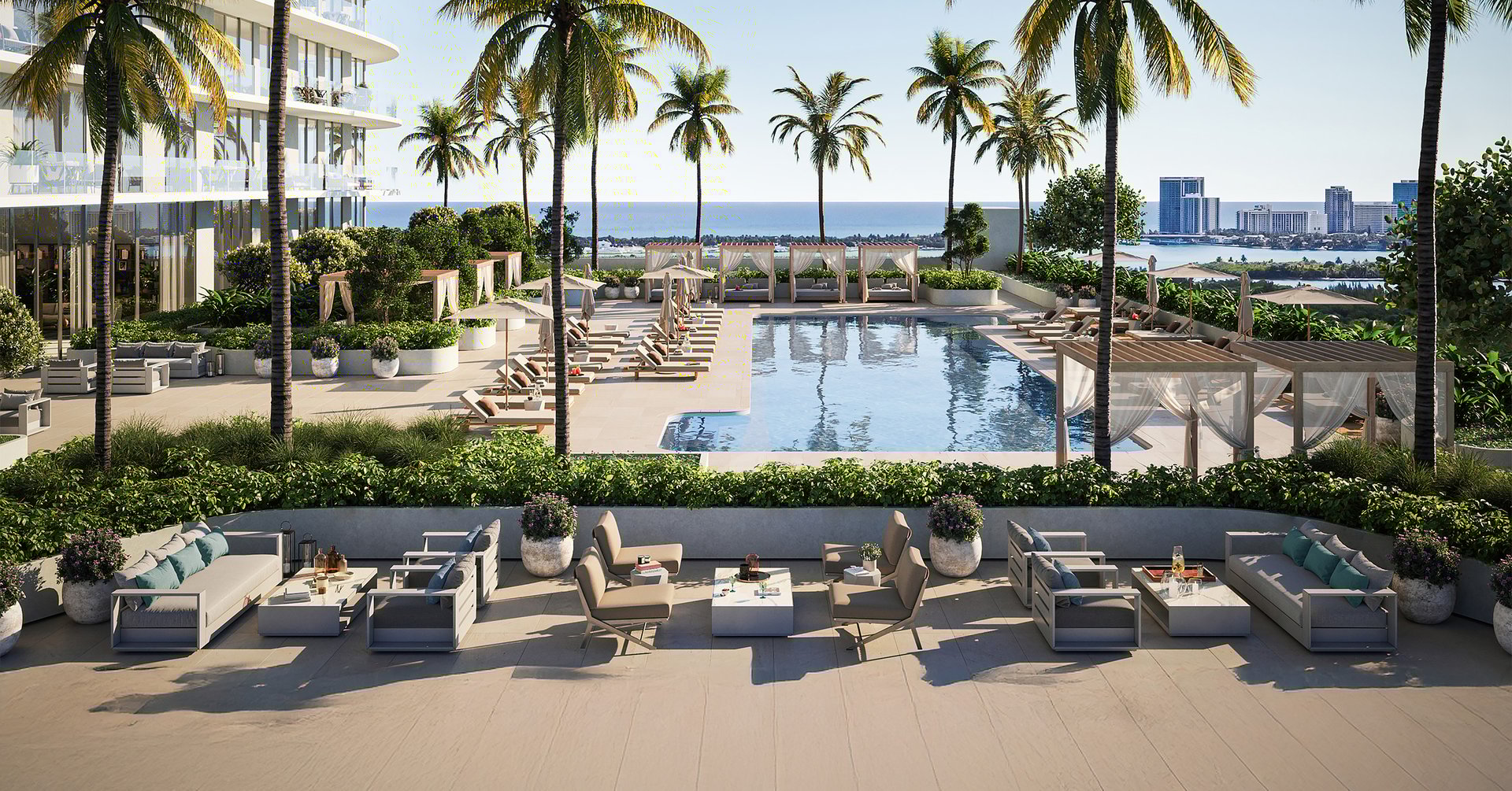 The expansive social deck features a pool and poolside summer kitchen, children’s play zone, dog-walking trails, and playgrounds with professional tennis and pickleball courts.