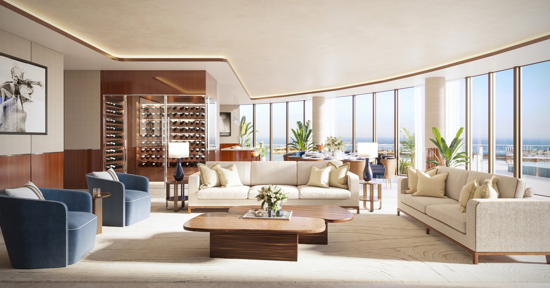 Rising across the 80th through 82nd levels, the Penthouse joins Arquitectonica's sculptural Miami tower with interiors by 1508 London in a tri-level commission of rare scale and discretion. Floor-to-ceiling glass and broad terraces draw uninterrupted sightlines across Biscayne Bay, the Brickell skyline, and the wider Miami horizon. With 6,093 interior square feet and 3,190 square feet of terrace, it reads as a private house above the city.