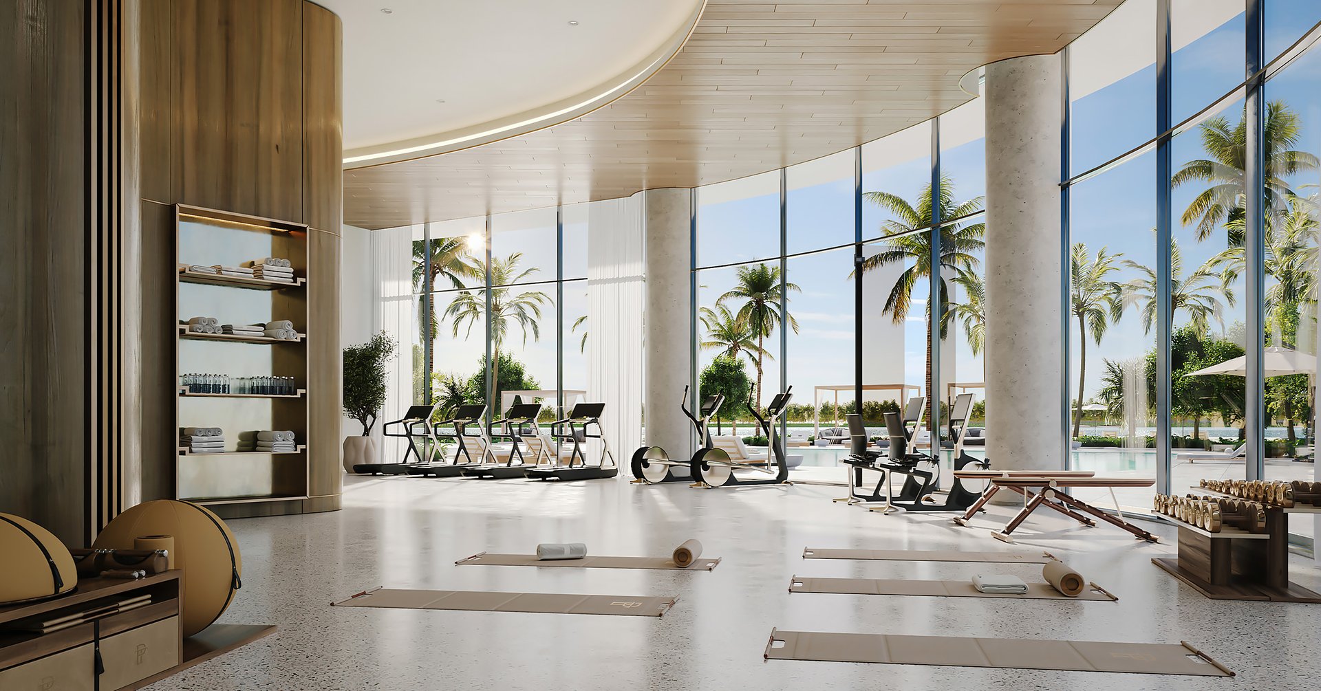A fully outfitted state-of-the-art fitness center, lavish men’s and women’s spa with dedicated massage treatment rooms, golf simulator studio, luxurious clubroom with bar and billiards room, and an executive business lounge.