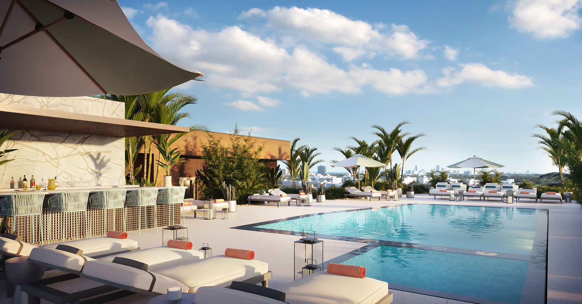 The rooftop level includes a pool, sunbeds, a bar, and social areas to relax.