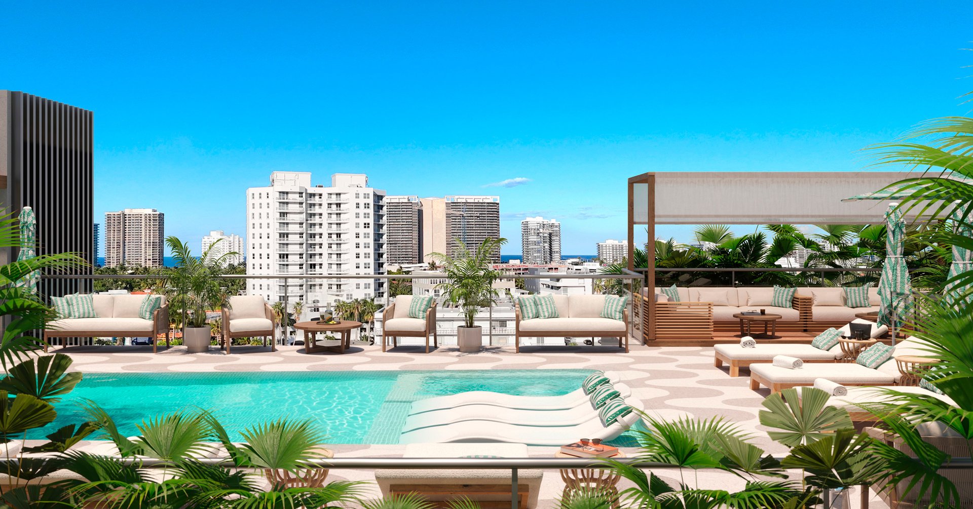 A resort-style rooftop pairs a skyline-facing pool and sun shelf with shaded loungers for lingering afternoons. The deck is designed for quiet mornings and golden-hour gatherings, with breezes, views, and intimate seating that feel private at any time of day.