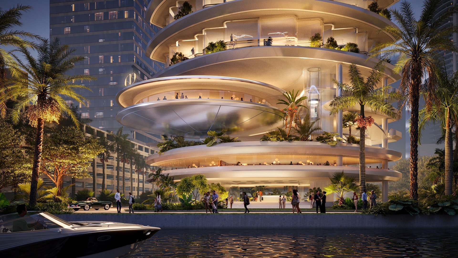 619 Brickell by NOBU in Brickell, Miami, Florida, showcasing luxury and ultra luxury preconstruction condos with a dramatic waterfront entrance, illuminated curved terraces, tropical landscaping and private boat arrival at night.