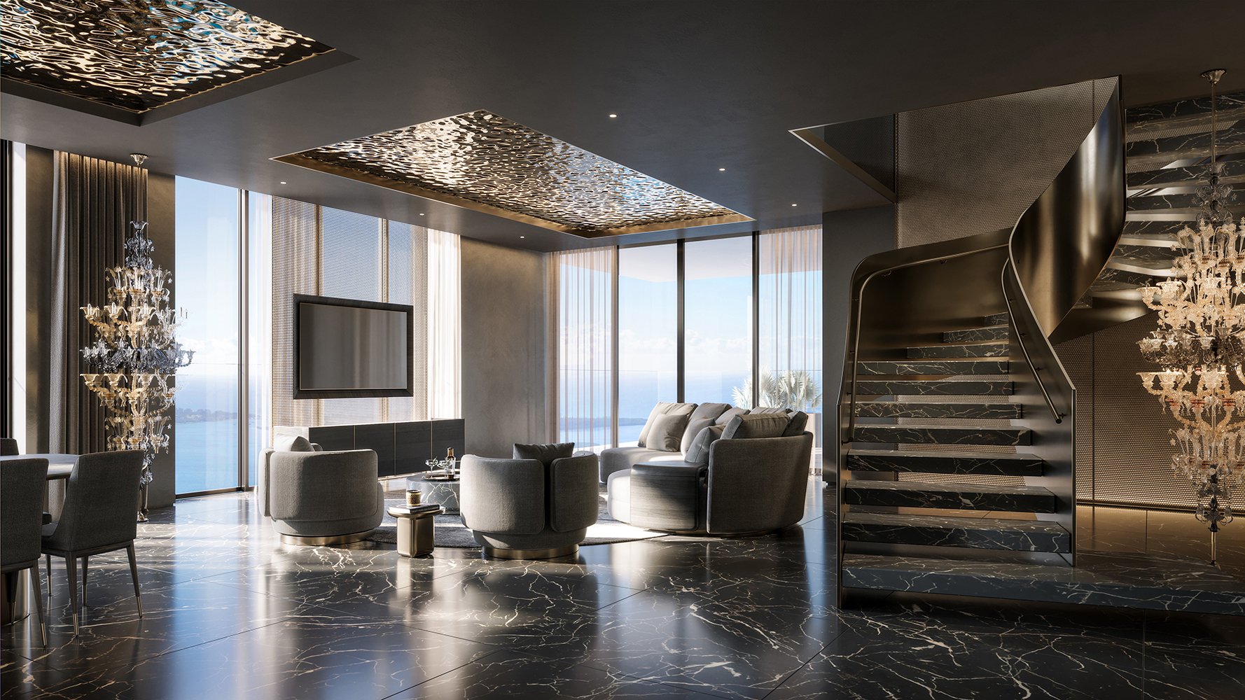 888 Brickell Residences, Brickell Miami living room with panoramic windows and designer lighting—elevated interiors for luxury and ultra luxury condos; prime preconstruction in the financial district.