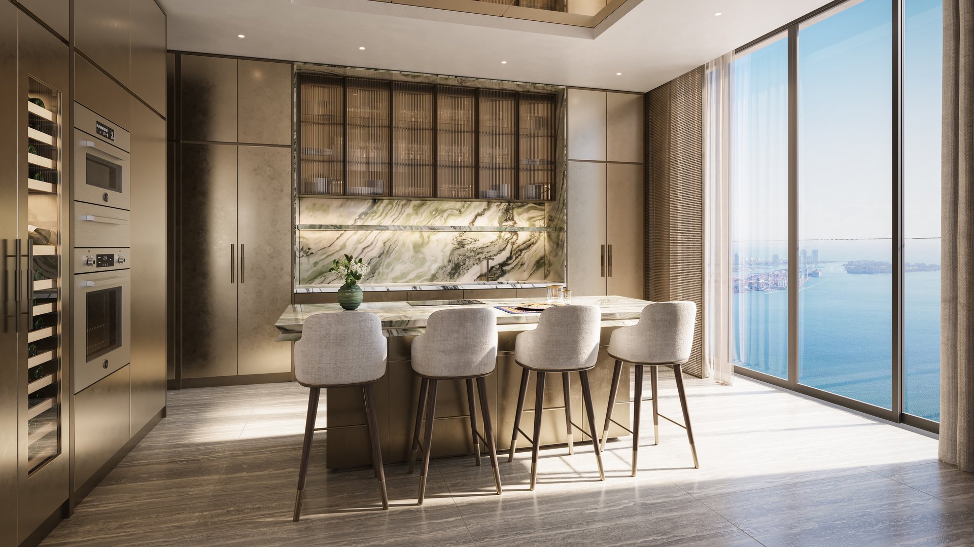 888 Brickell Residences, Brickell Miami ocean‑view kitchen with stone island and integrated appliances, luxury and ultra luxury condos in the financial district; premier preconstruction. Featuring modern interior.