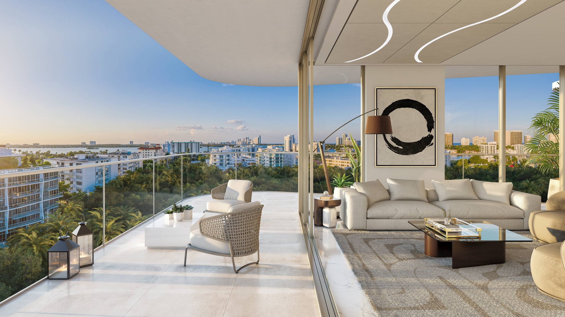 Alana Bay Harbor Islands balcony view interior design in Miami, luxury and ultra luxury preconstruction condos with outdoor living. Featuring modern.
