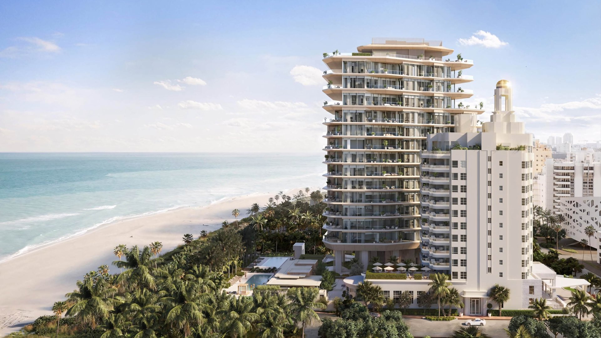 Aman Residences Miami Beach ultra luxury oceanfront highrise condos in daylight, showcasing modern preconstruction architecture and expansive waterfront views along the Miami Beach coastline.