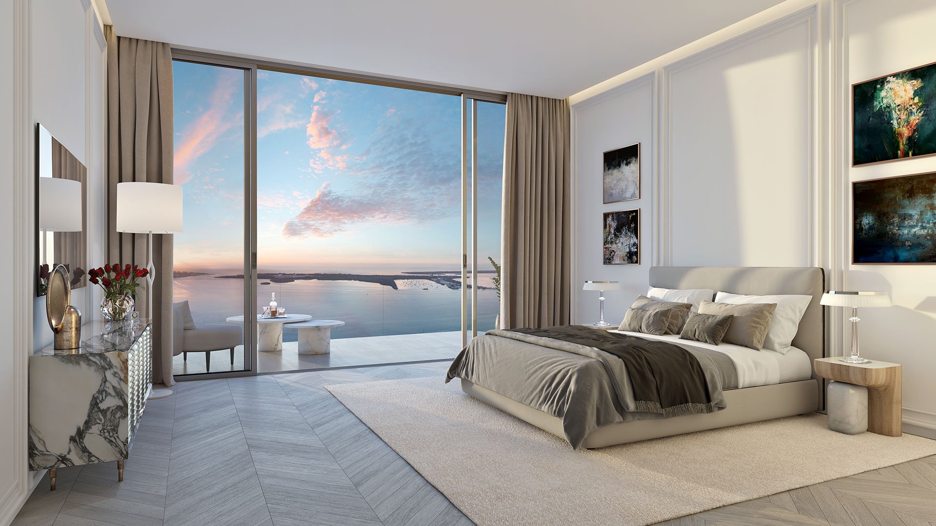 Baccarat Residences in Brickell, Miami, luxury and ultra luxury condos featuring a primary bedroom, terrace access, a soft neutral palette, and tranquil bay views through floor-to-ceiling glass.