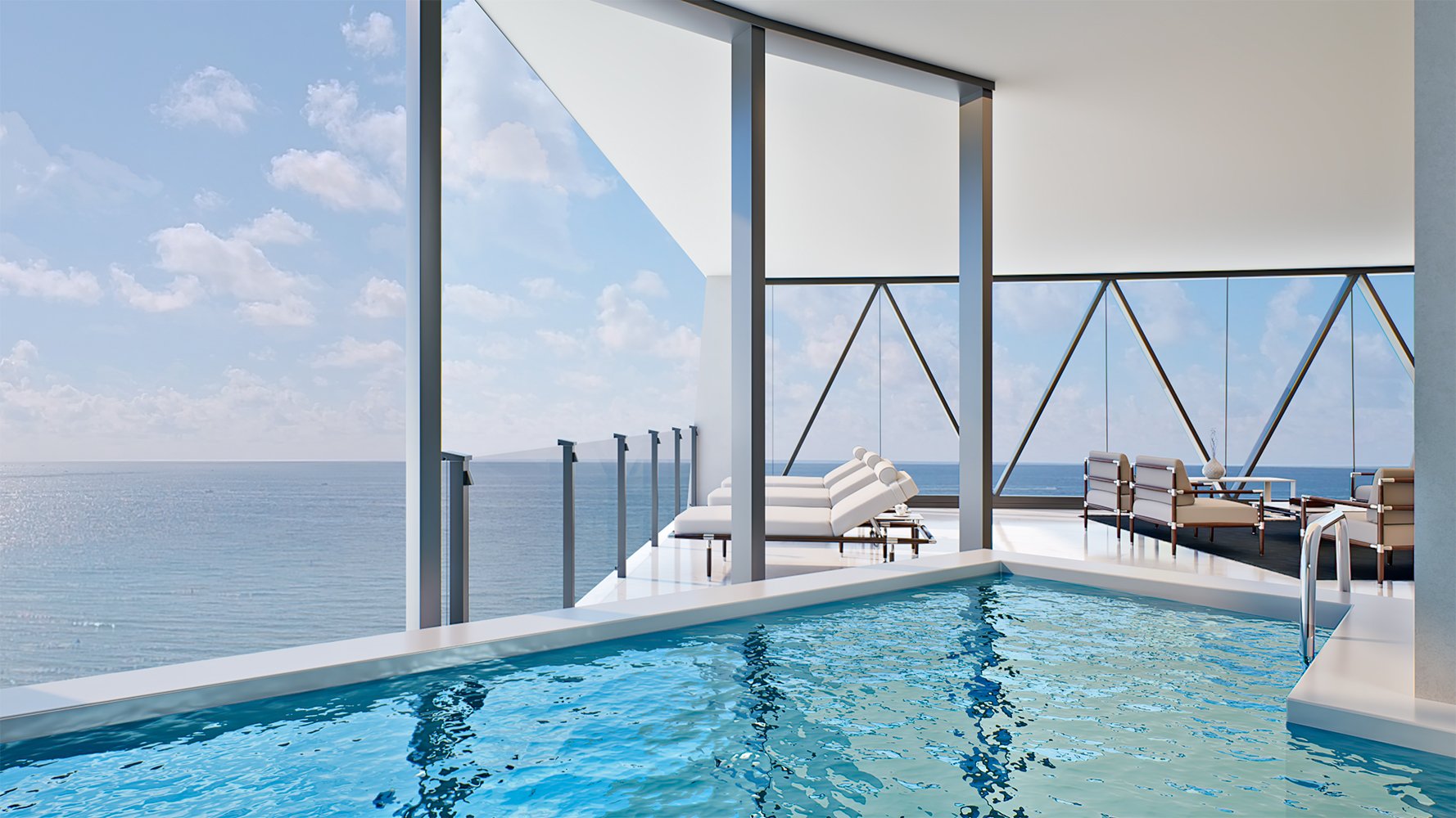 Bentley Residences Sunny Isles infinity pool with ocean view in Sunny Isles Beach; luxury and ultra luxury condos, preconstruction, resort deck.