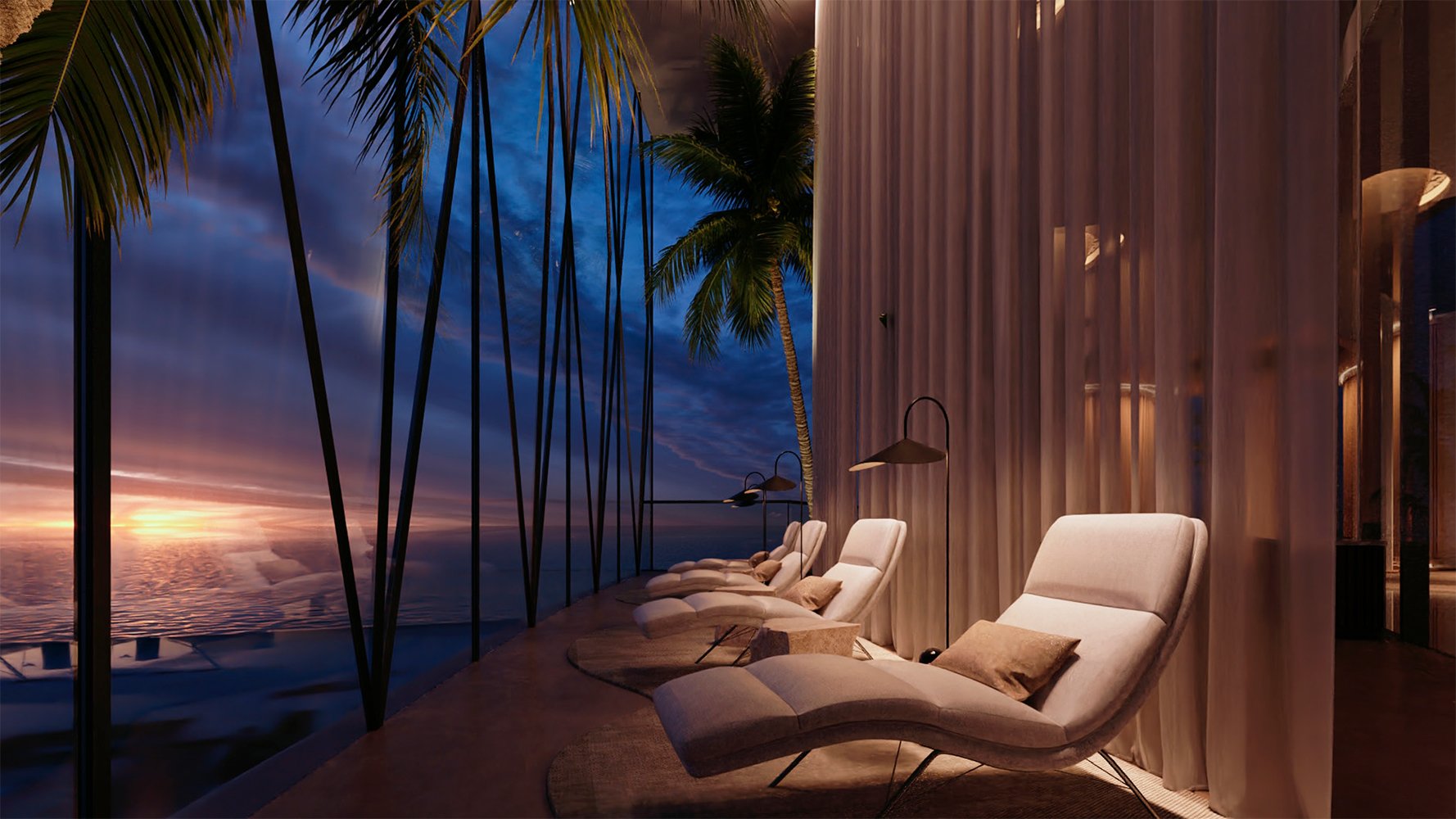 Bentley Residences Sunny Isles lounge with sunset view in Sunny Isles Beach; luxury and ultra luxury condos, preconstruction, golden‑hour ambiance. Featuring modern.