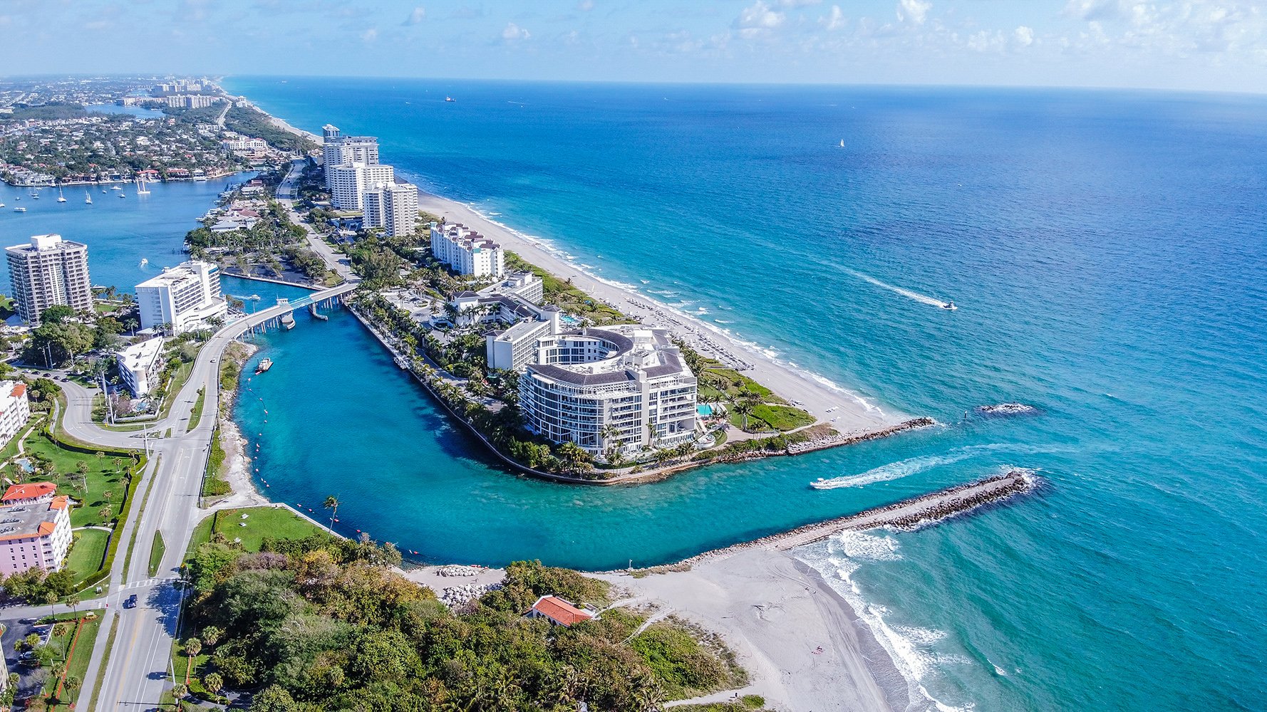 Boca Raton, Florida oceanfront aerial with beaches and inlets, showcasing luxury and ultra luxury condos; desirable preconstruction and resale zone.
