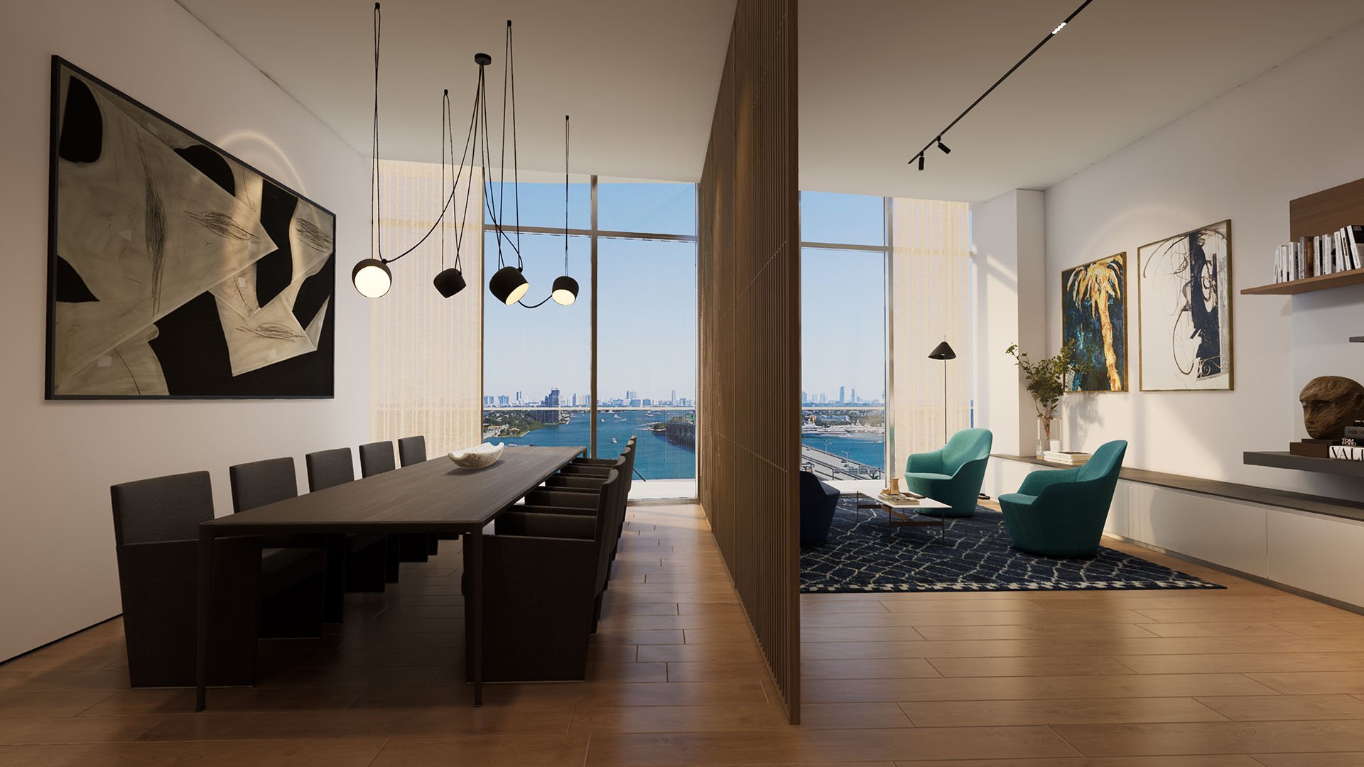 Casa Bella by B&B Italia Downtown Miami private dining and lounge suite with modern pendants, partition wall and Biscayne Bay water views, featuring luxury and ultra luxury preconstruction condos amenities.