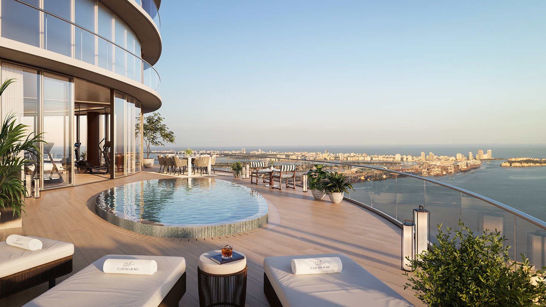 Cipriani Residences Brickell rooftop pool with city and bay views; luxury amenity for ultra luxury preconstruction condos in Brickell, Miami.