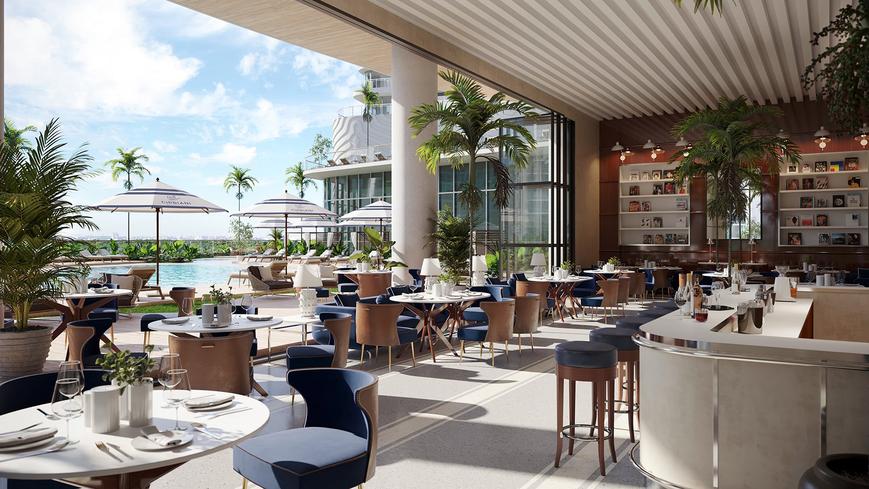 Cipriani Residences Brickell restaurant interior with pool view; luxury dining for ultra luxury preconstruction condos in Brickell, Miami.