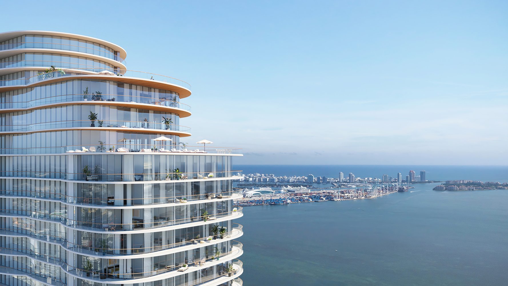 Cipriani Residences Brickell waterfront high-rise view; luxury architecture for ultra luxury preconstruction condos in Brickell, Miami.