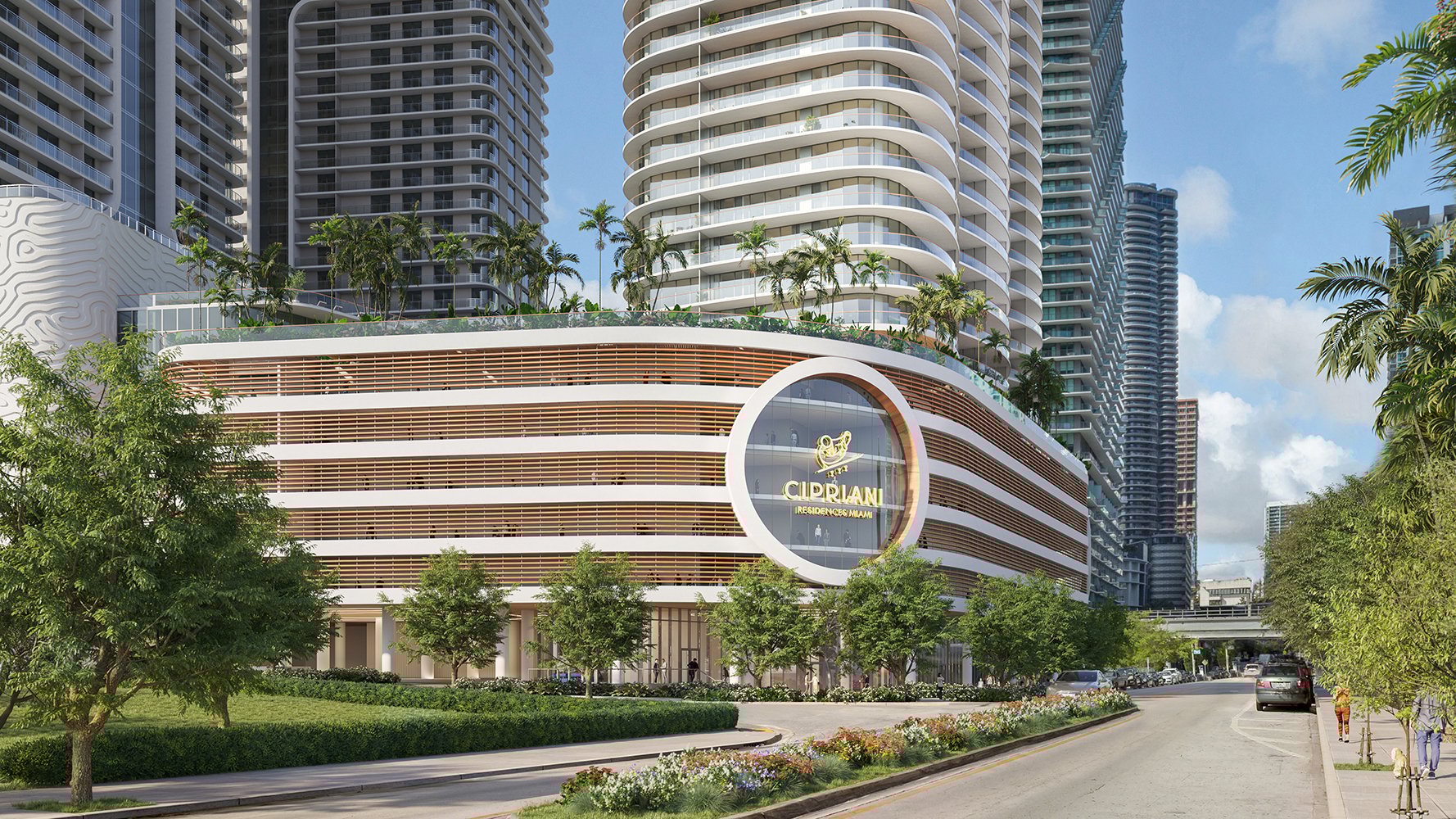 Cipriani Residences Miami exterior view; luxury waterfront tower for ultra luxury preconstruction condos in Brickell, Miami.