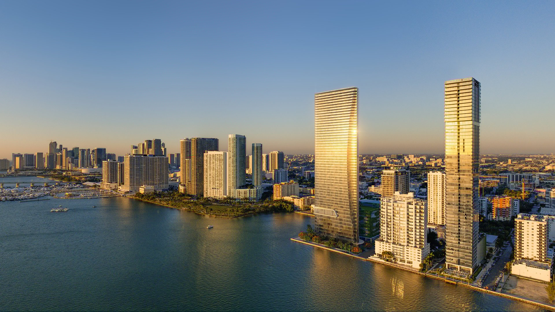 Edition Edgewater, Miami skyline dusk view from the tower—bayfront perspective for luxury and ultra luxury condos; preconstruction in Edgewater.
