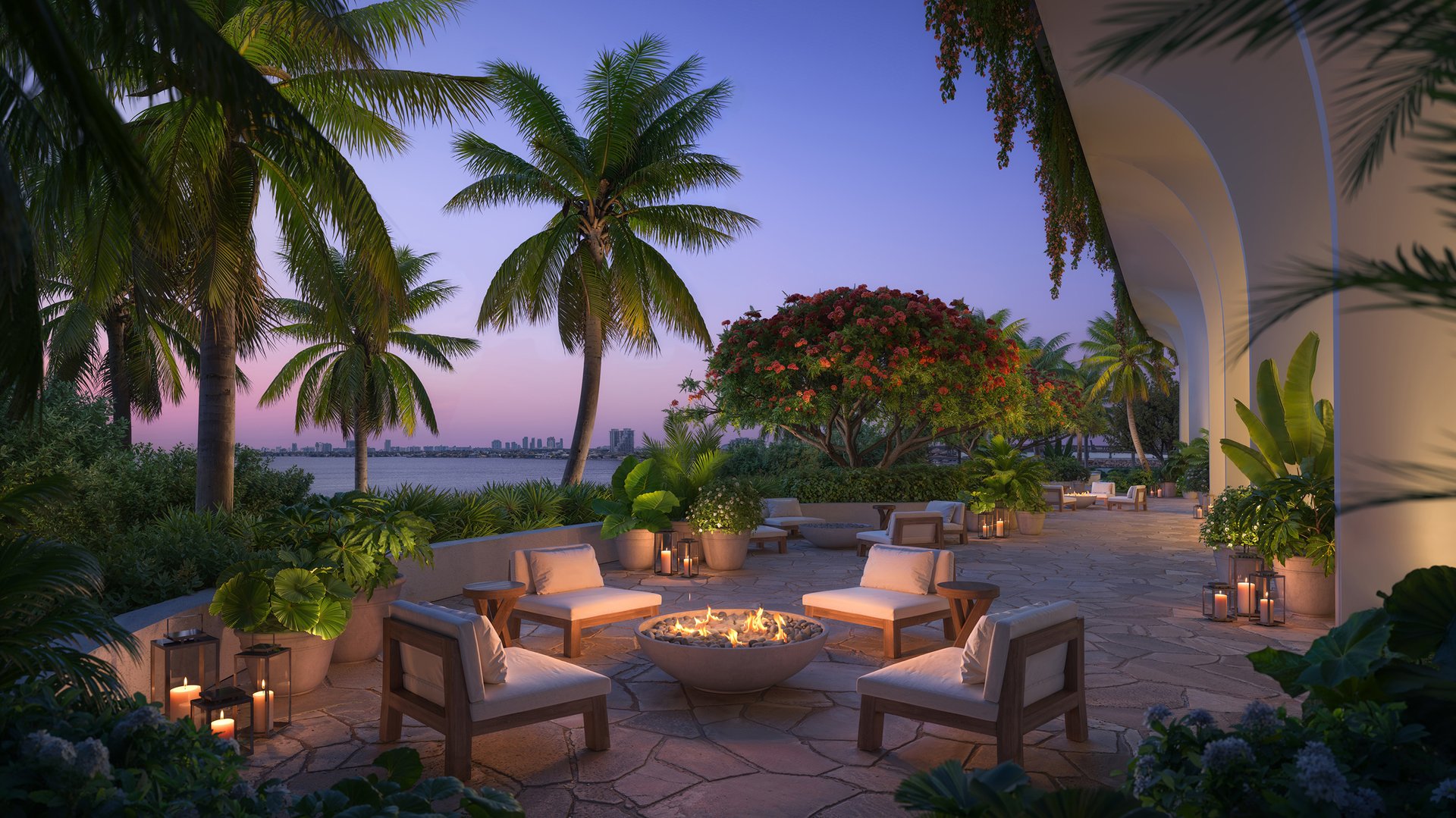 Edition Edgewater, Miami sunset patio with firepit—atmospheric amenity for luxury and ultra luxury condos; preconstruction in Edgewater.