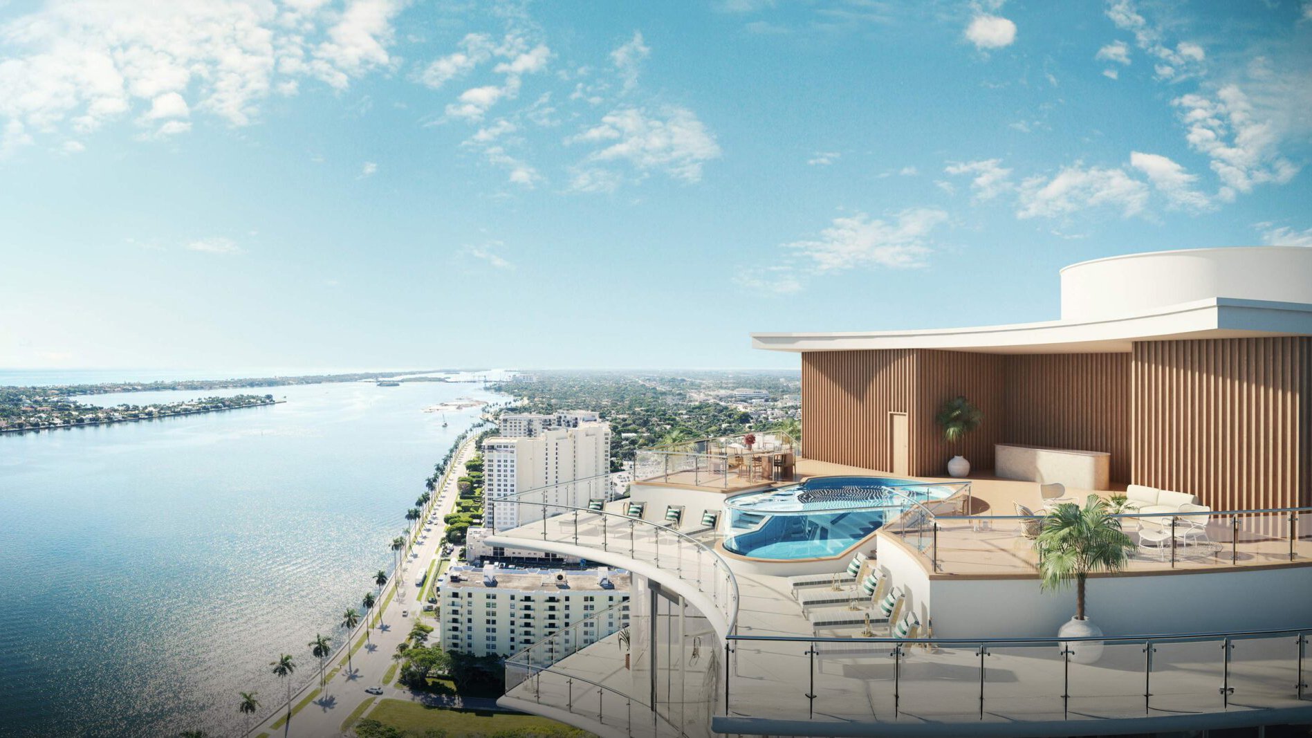 Rooftop pool view at Forte on Flagler in West Palm Beach, capturing luxury preconstruction condo amenities and stunning coastal scenery.