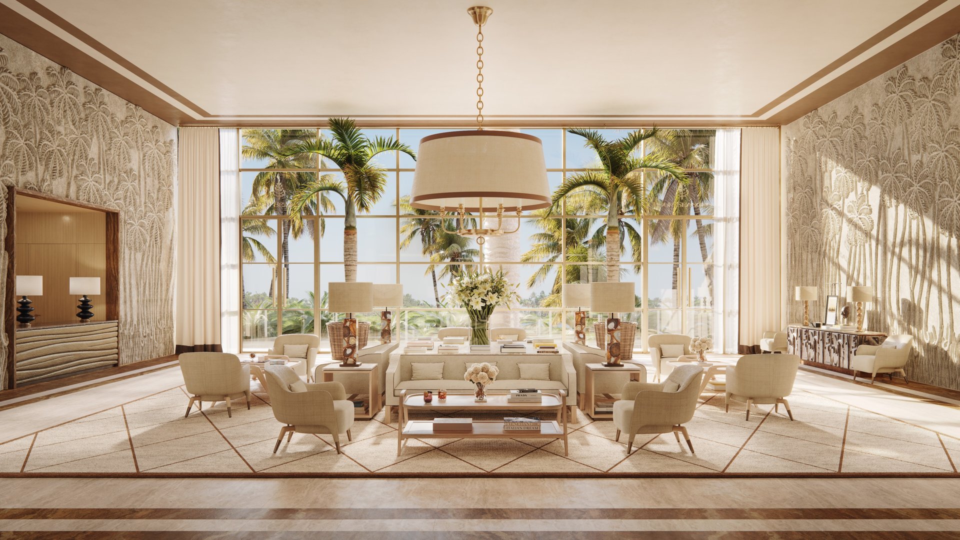 Four Seasons Coconut Grove, Miami living room with palm view—refined interiors within luxury and ultra luxury condos; preconstruction residences in Coconut Grove.