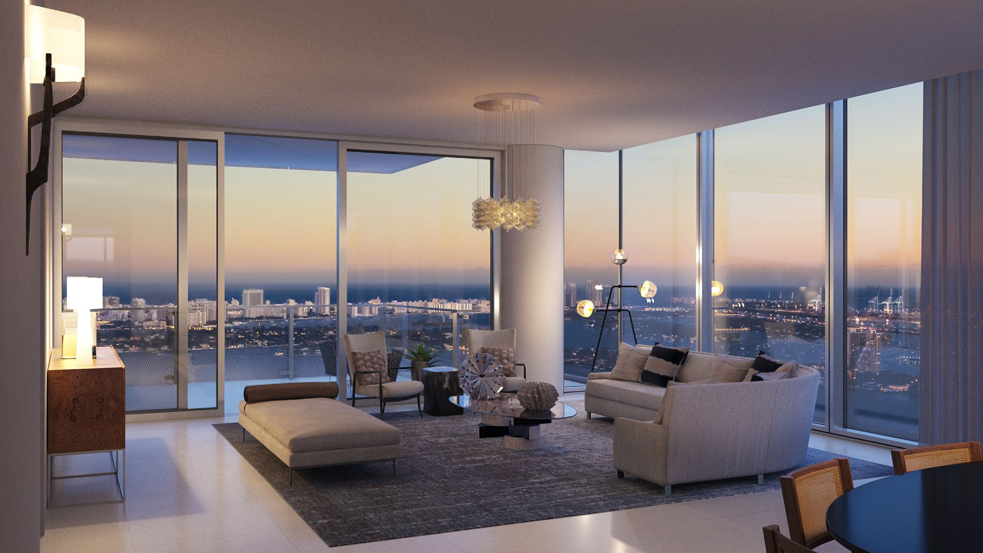 Missoni Baia Edgewater Miami condo living room with floor-to-ceiling windows and sunset city view, highlighting luxury and ultra luxury preconstruction condos lifestyle.