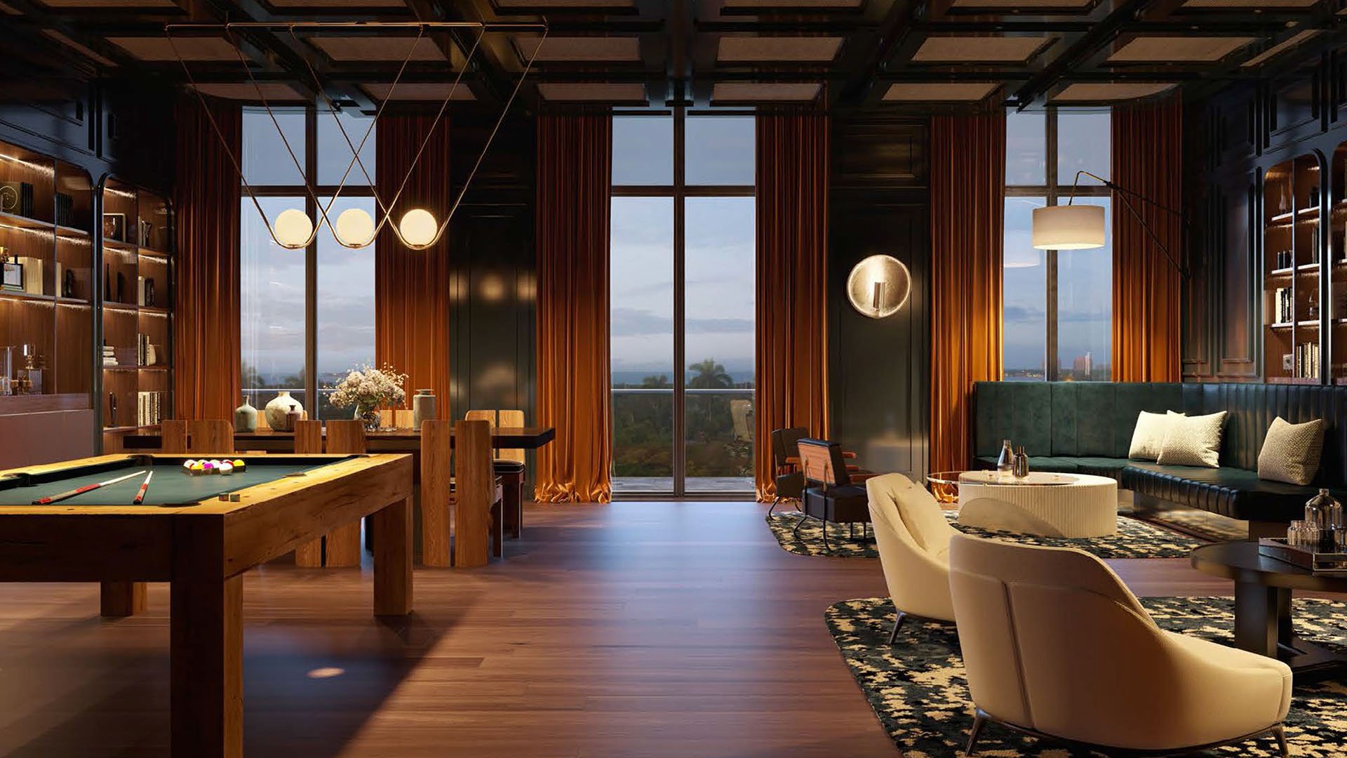 Game room with a billiards table, library shelving, lounge seating, and a bar at Mr C Residences Bayshore Tower in Coconut Grove, presenting luxury, ultra luxury condos with club style social amenities.
