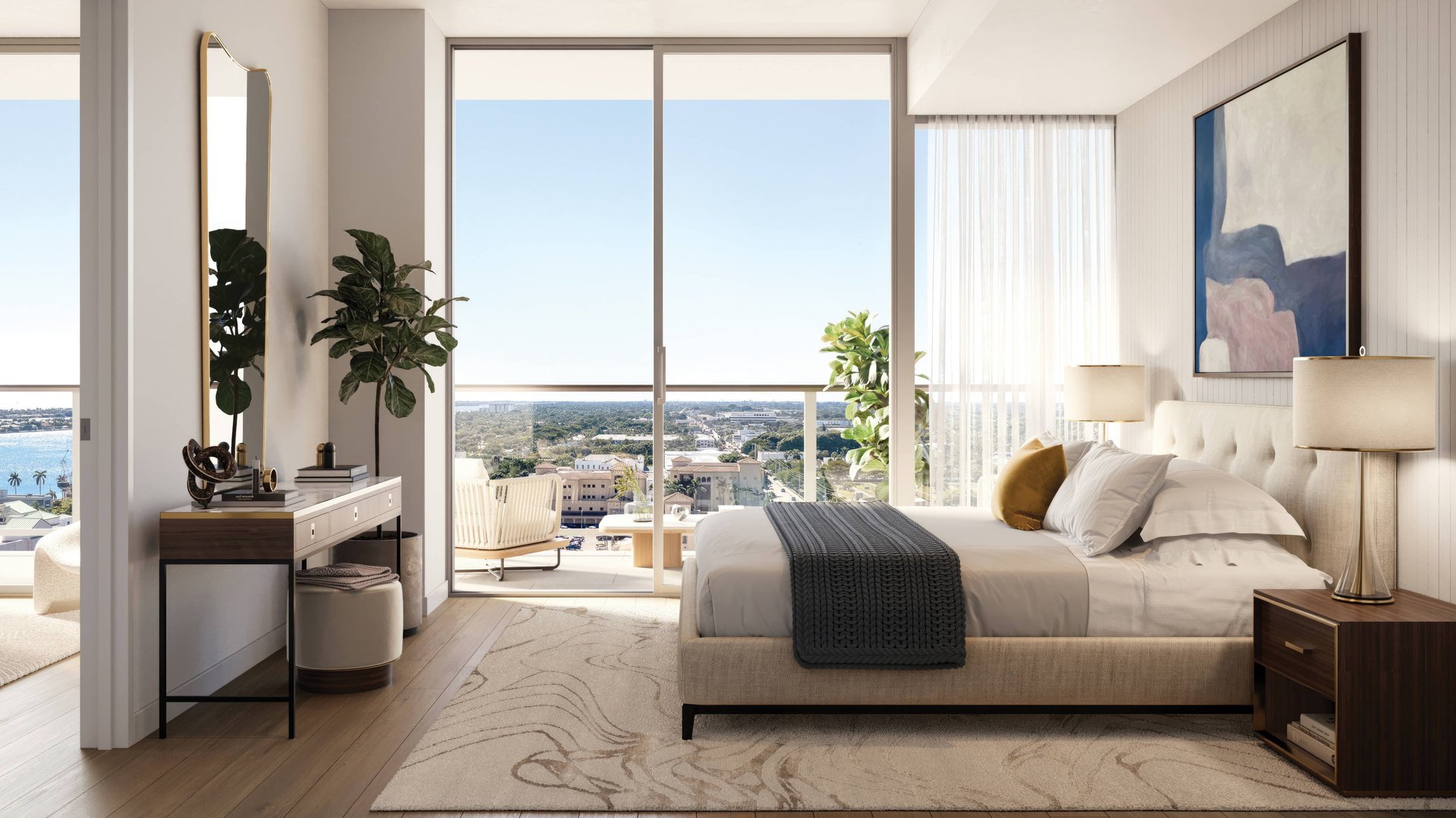 Mr. C Residences West Palm Beach modern bedroom with expansive view, luxury and ultra luxury preconstruction condos interiors.