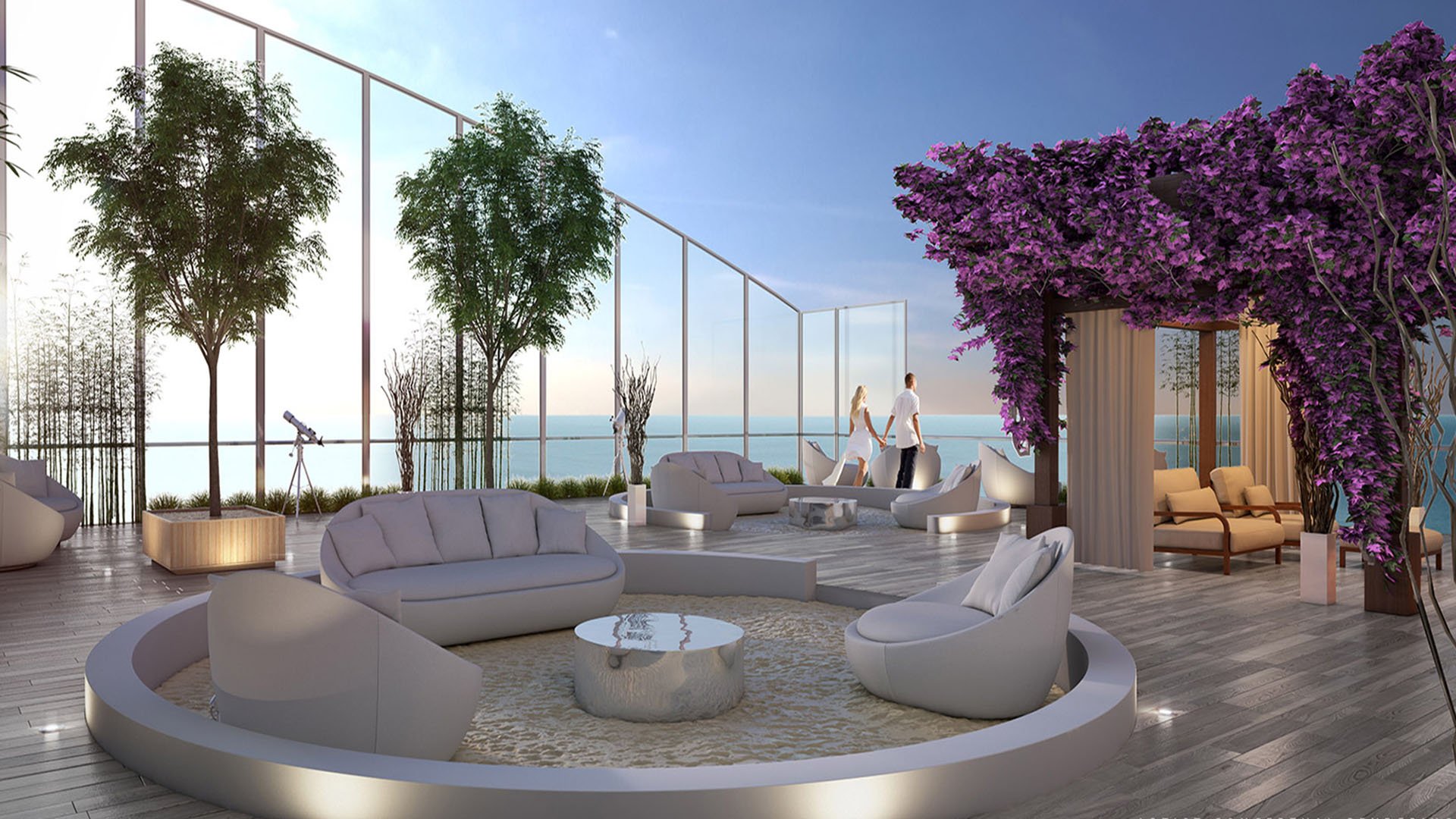 Rooftop garden lounge with a floral pergola, seating circles, and water views at Muse Residences in Sunny Isles Beach, enhancing luxury and ultra luxury condos.