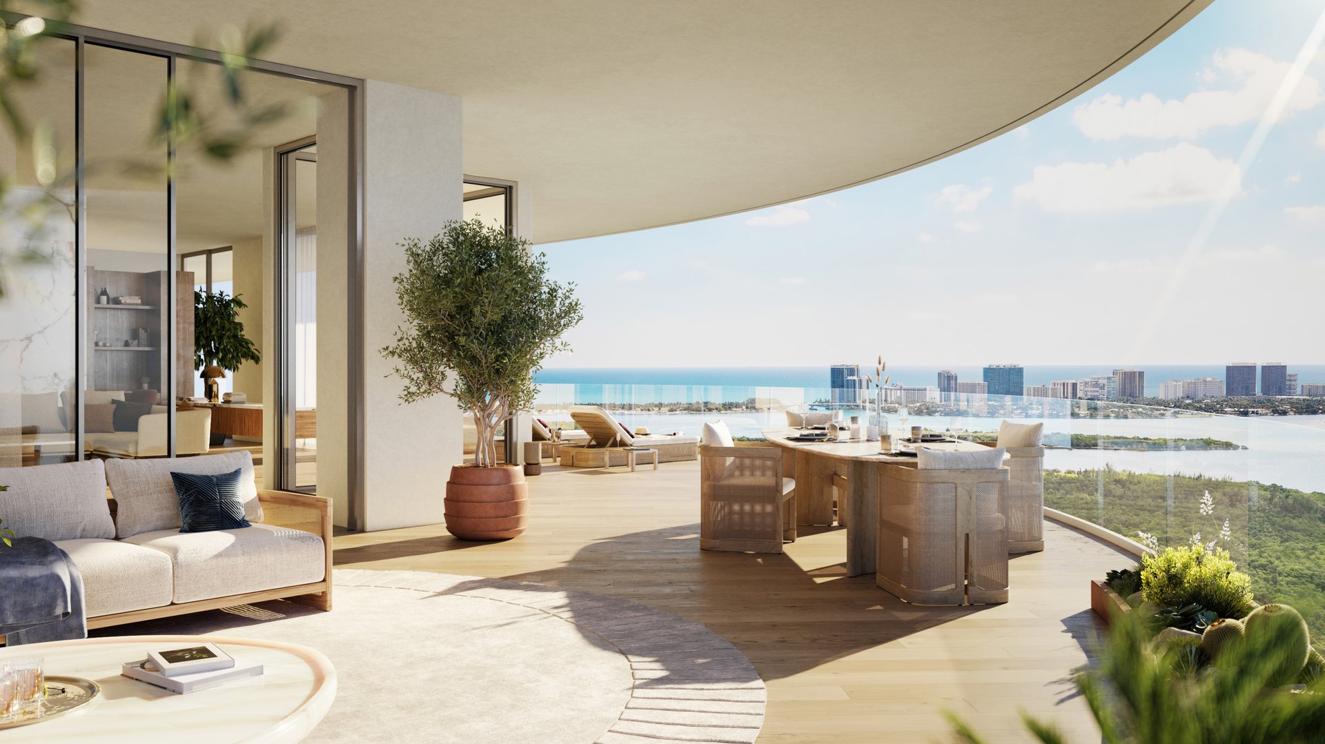 One Park Tower by Turnberry private balcony with ocean view in North Miami; luxury terrace for ultra luxury preconstruction condos at SoLé Mia.