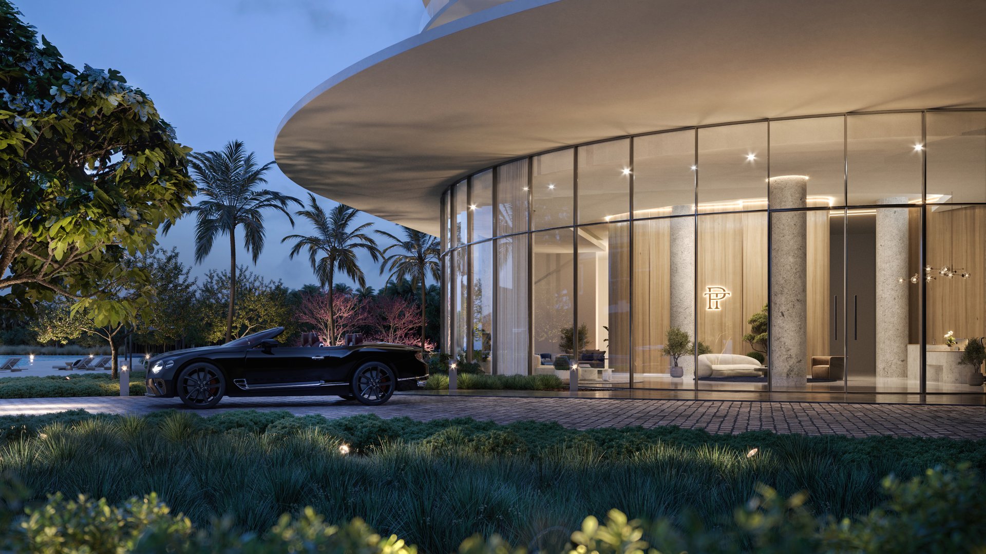 One Park Tower by Turnberry entrance drive with sports car in North Miami; luxury arrival for ultra luxury preconstruction condos. Featuring home and exterior.