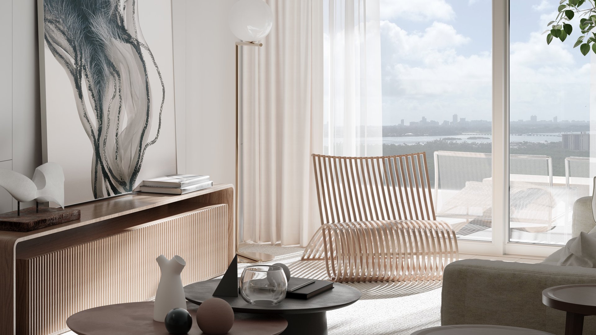 One Park Tower by Turnberry modern living room interior design; luxury details for ultra luxury preconstruction condos in North Miami.