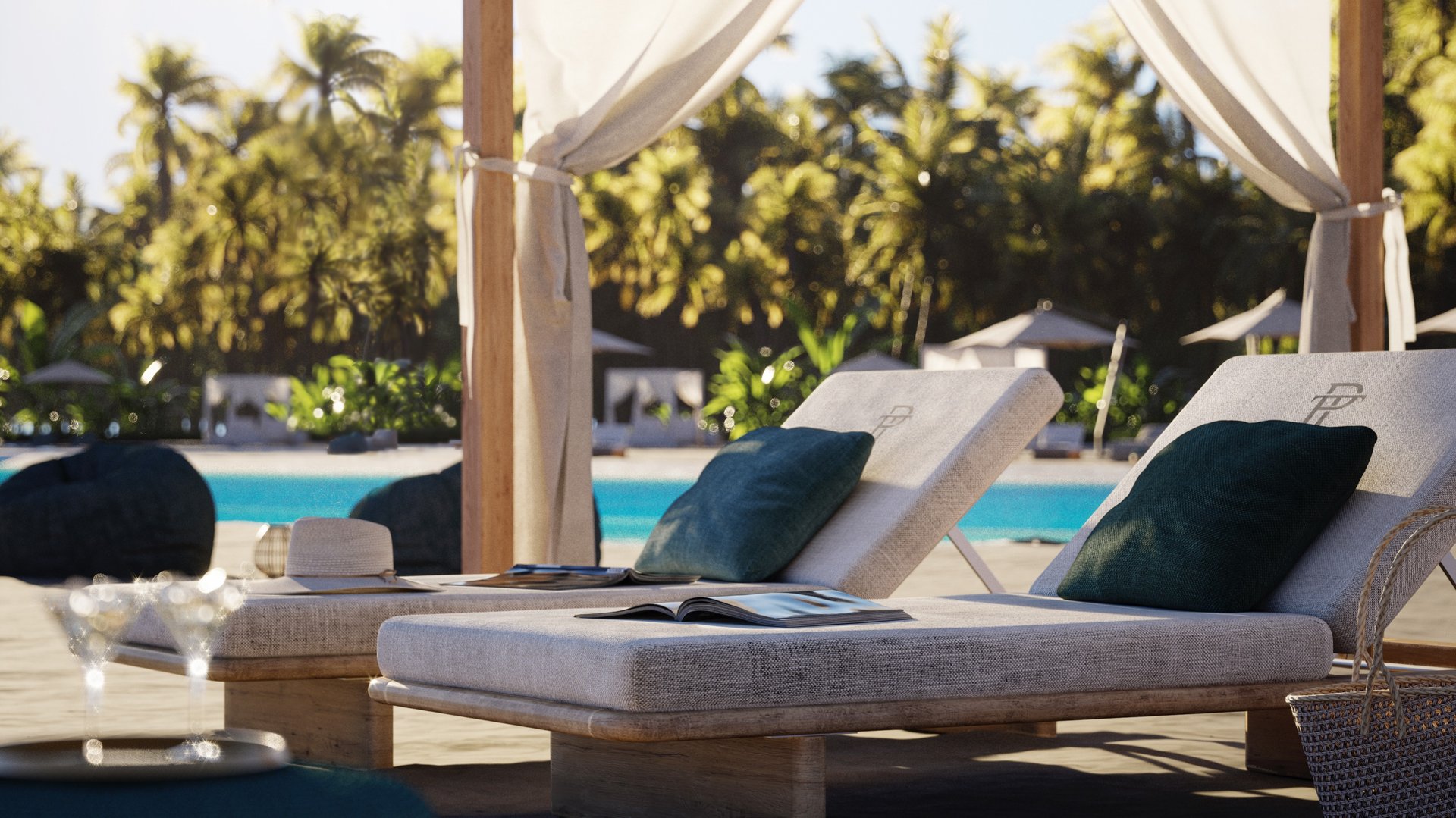 One Park Tower by Turnberry poolside loungers at tropical resort; luxury sun deck for ultra luxury preconstruction condos at SoLé Mia, North Miami.