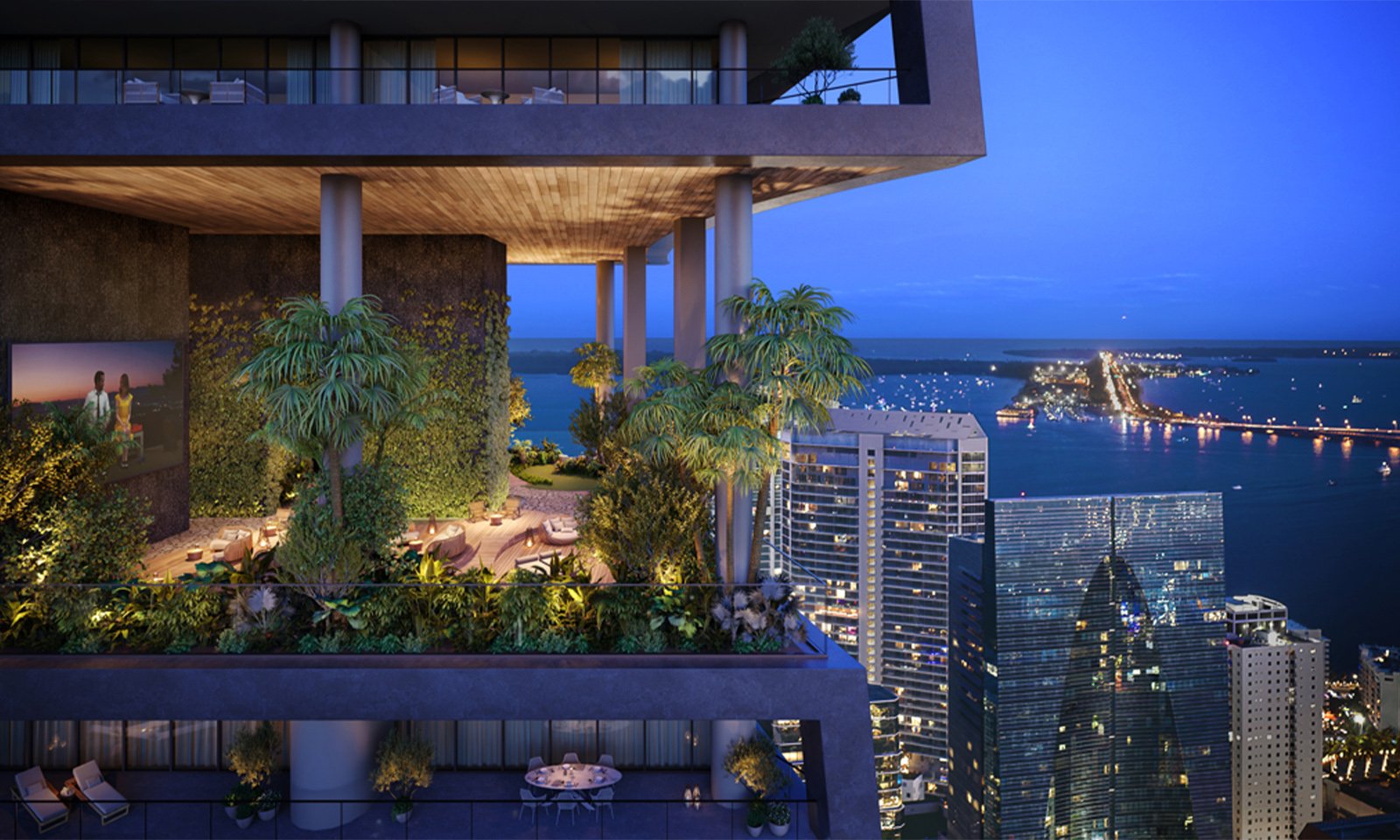 ORA by Casa Tua, Brickell Miami balcony with dramatic night cityscape - luxury and ultra luxury condos; preconstruction.