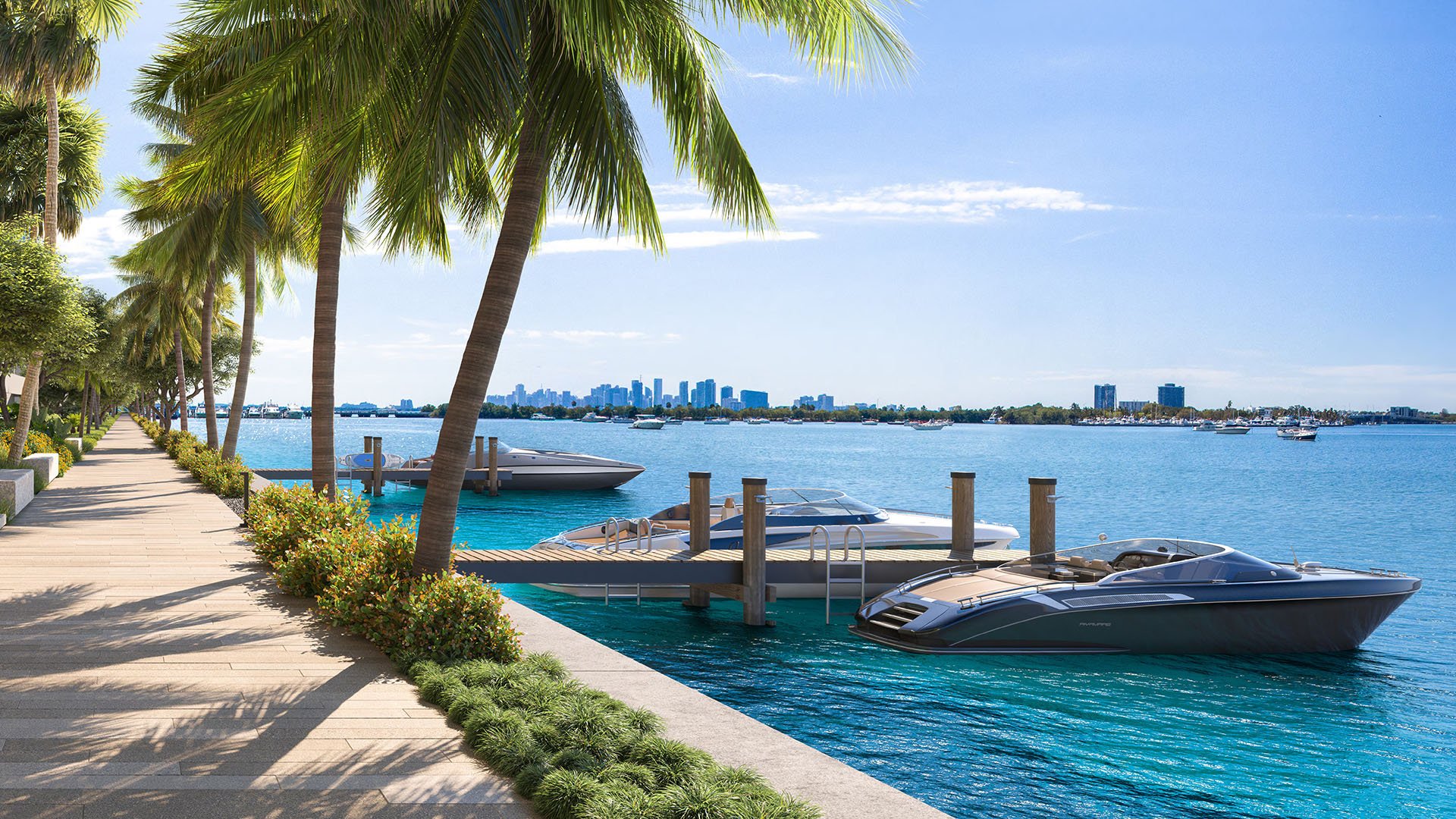 Pagani Residences North Bay Village Miami, Florida waterfront marina docks and palm-lined promenade with luxury yachts on Biscayne Bay, showcasing luxury and ultra luxury preconstruction condos lifestyle.