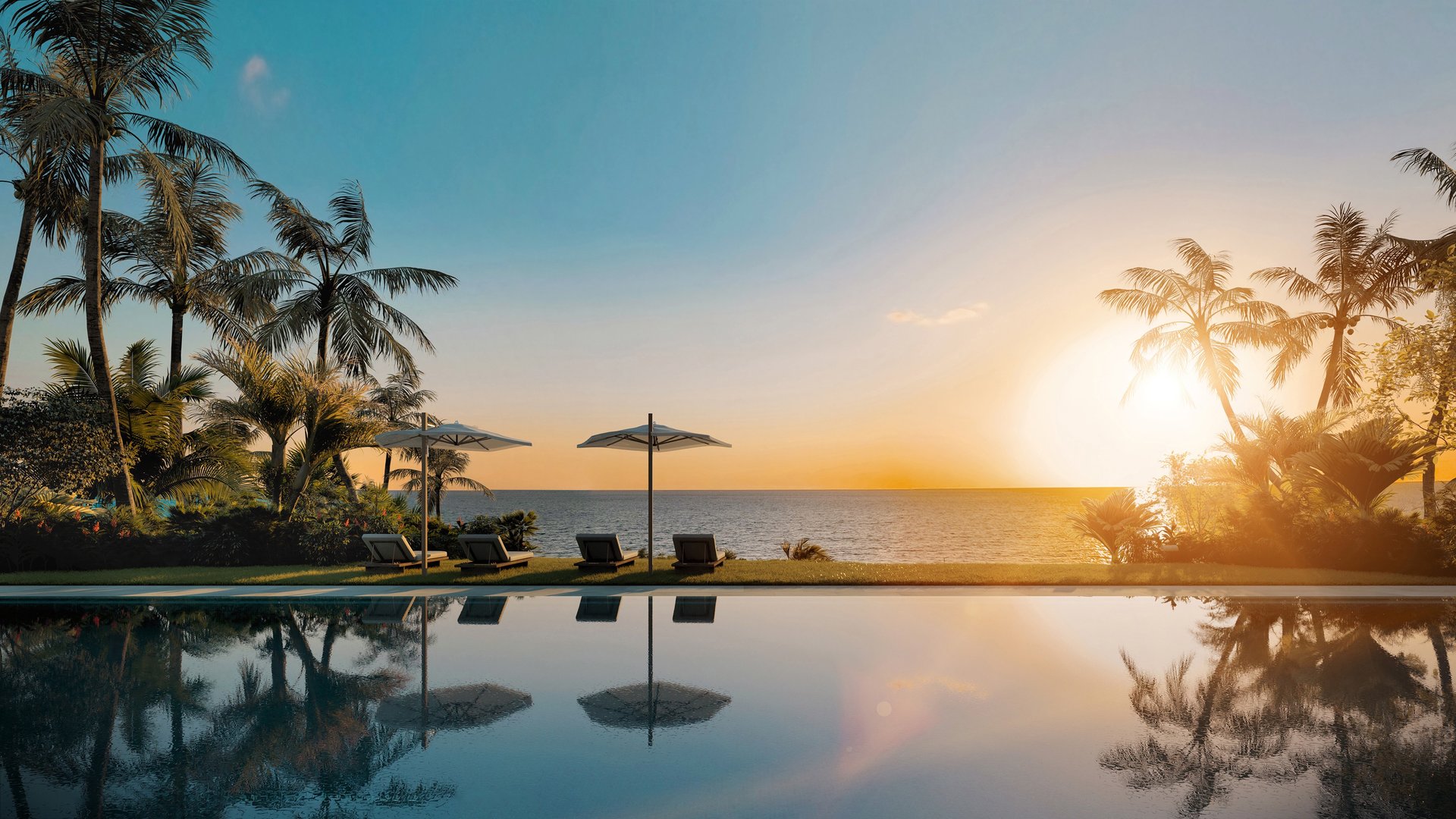 Rivage Bal Harbour, Bal Harbour Miami poolside retreat at sunset—oceanfront amenities for luxury and ultra luxury condos; preconstruction.