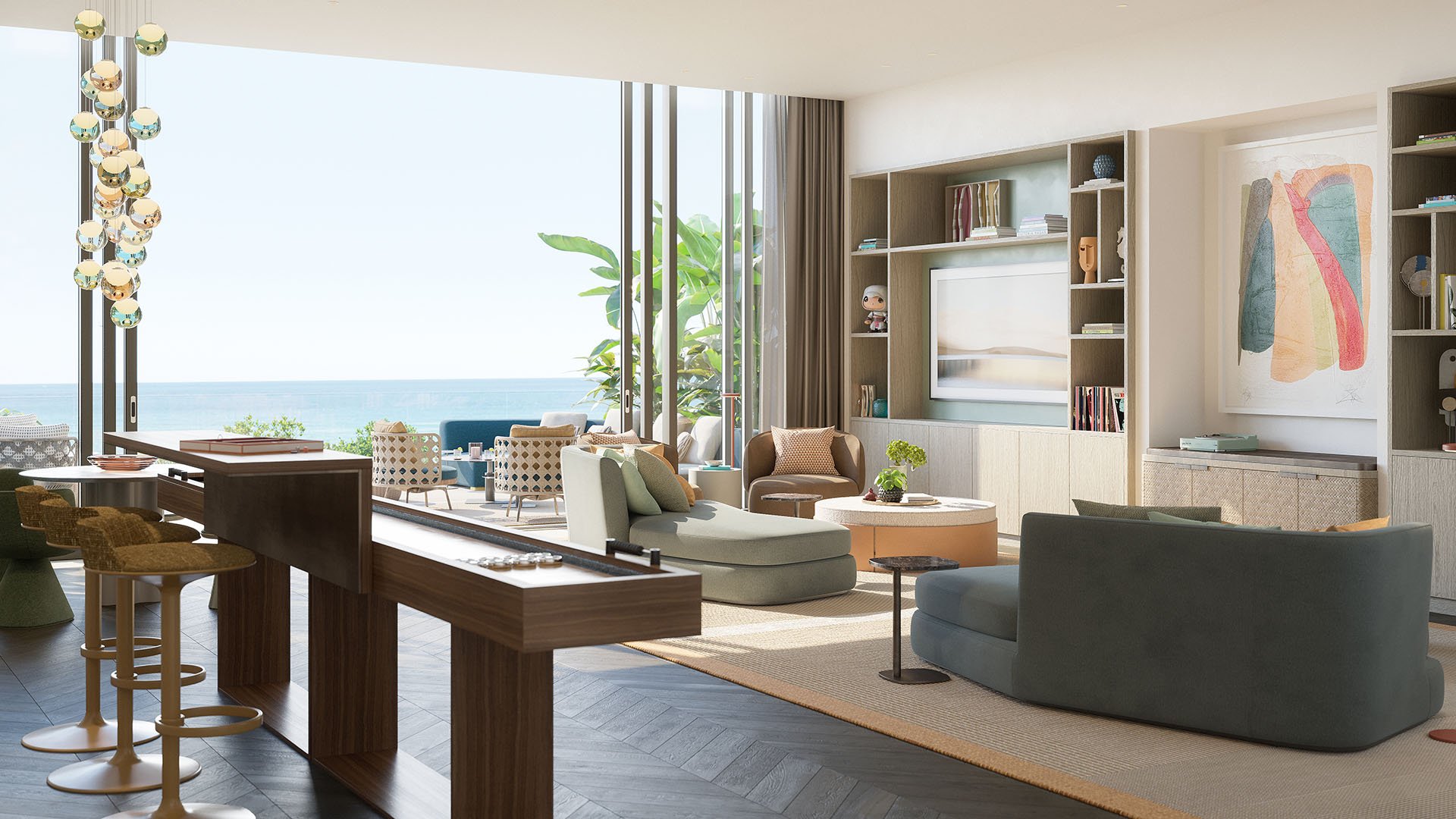 Rosewood Residences Hillsboro Beach, Florida teens game lounge with shuffleboard table, bar stools and ocean-view windows, amenities for luxury and ultra luxury preconstruction condos.